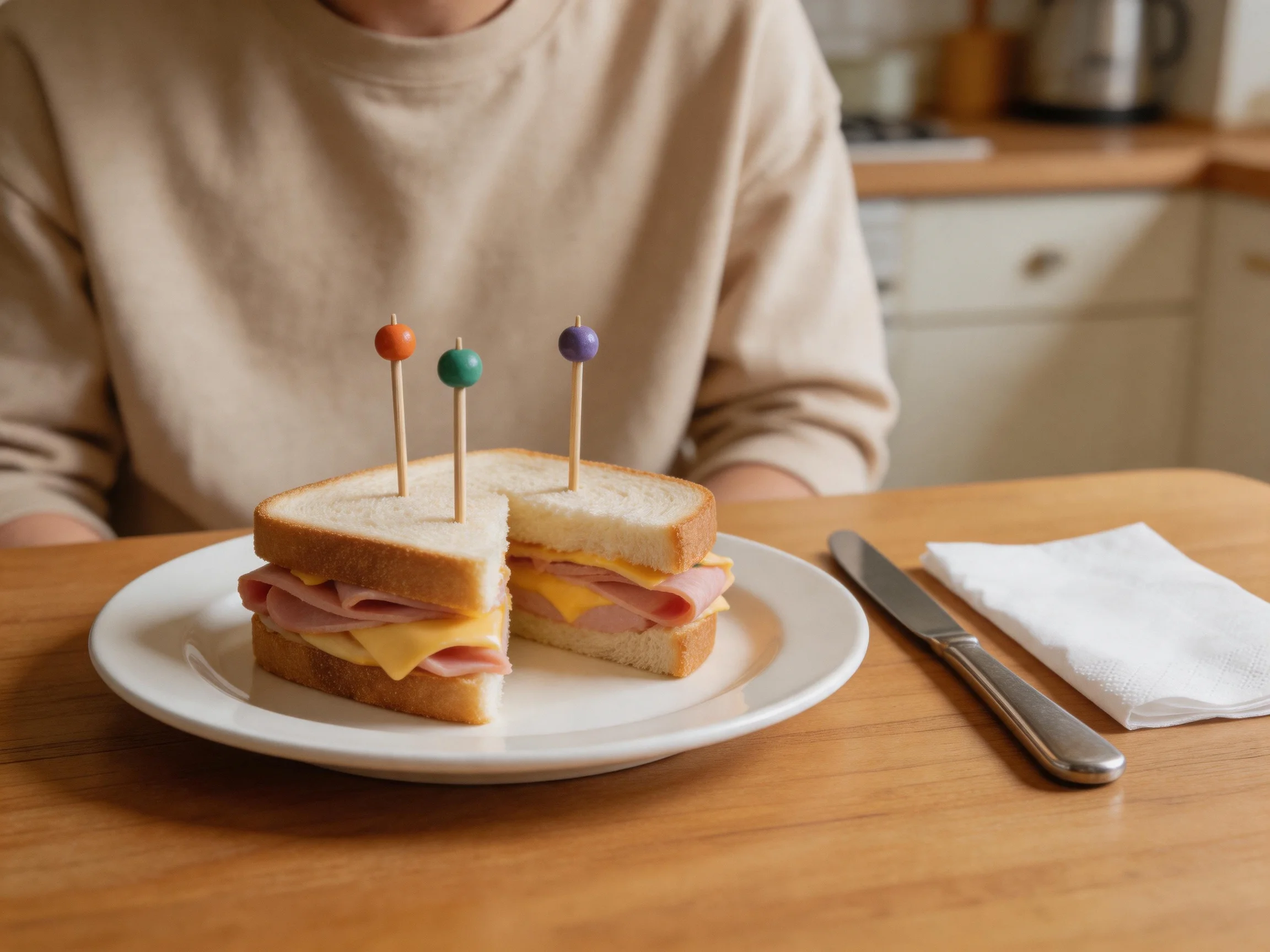 Three-colored-toothpick ham and cheese sandwiches on a white plate