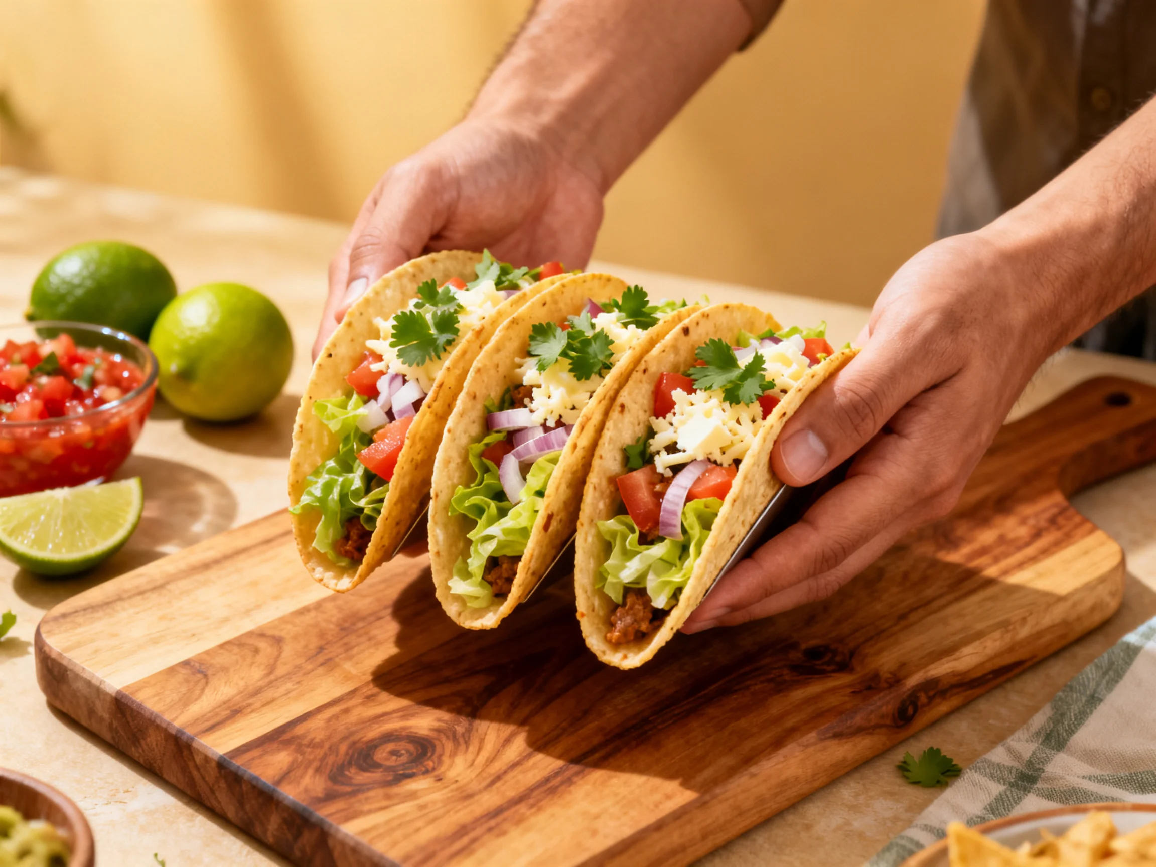 Three tacos loaded with vegetables and cheese are presented on a wooden board.