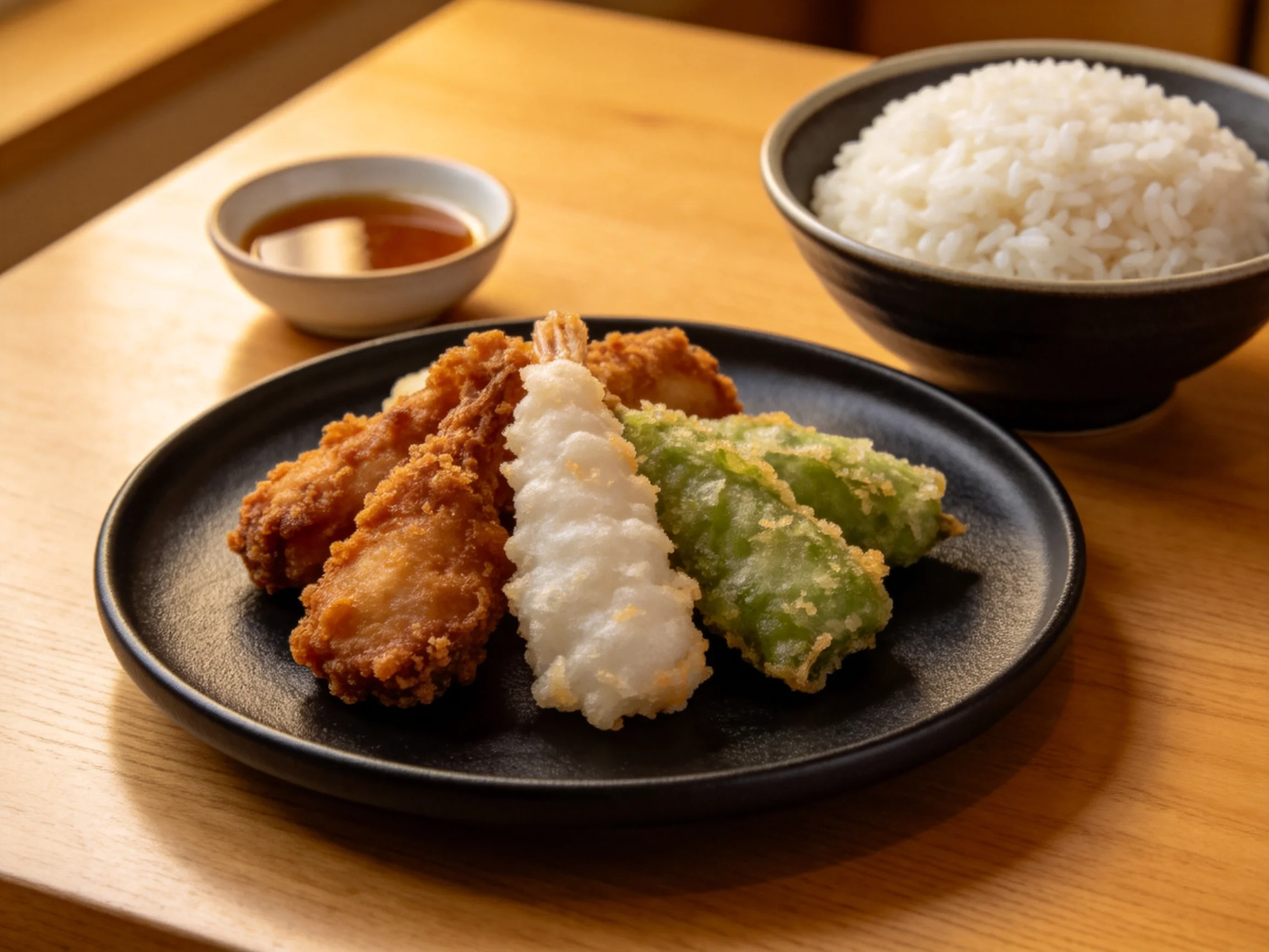 Three colorful tempura pieces with steamed rice and sauce
