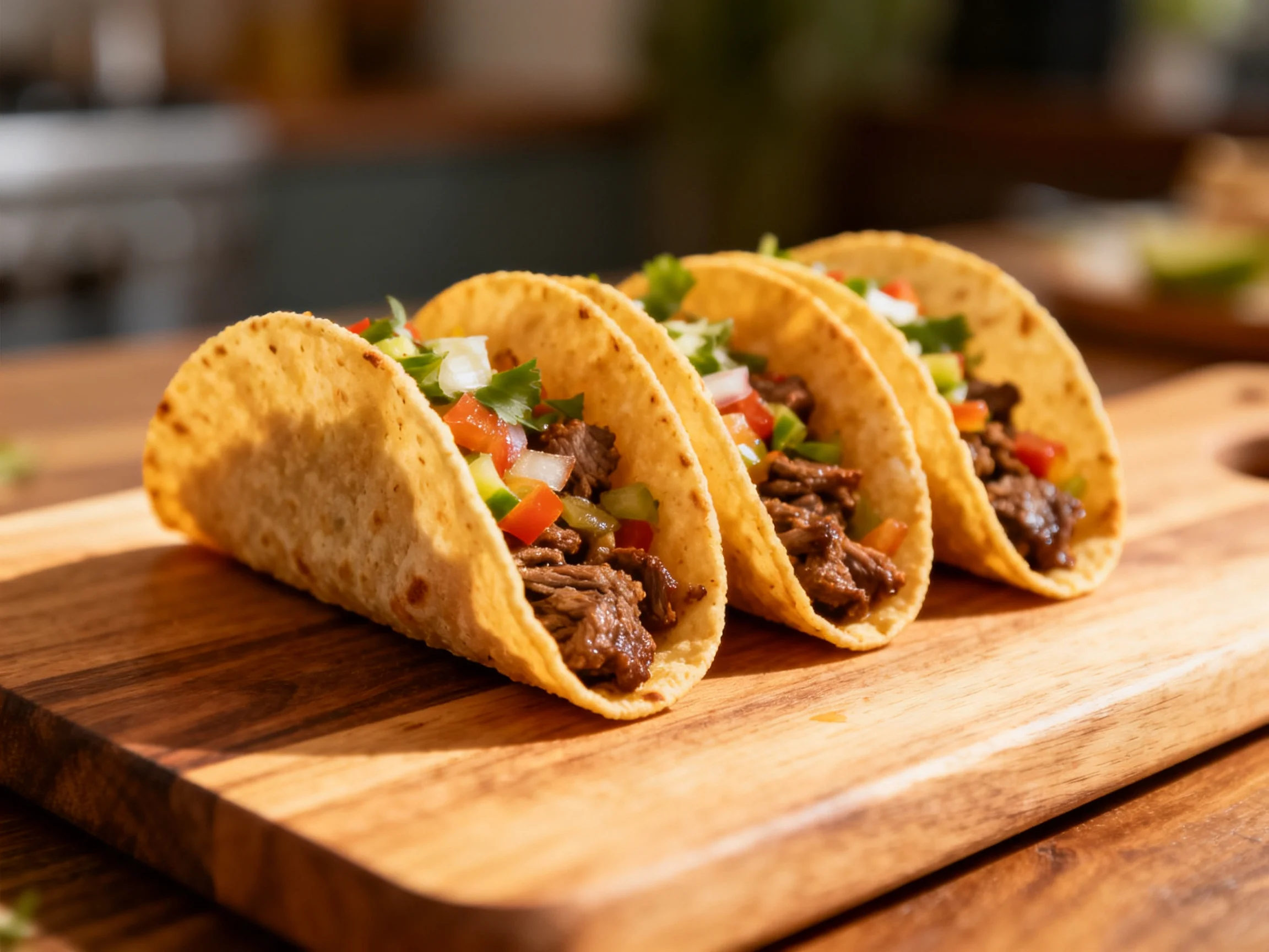 Three corn taco shells filled with seasoned meat and fresh veggies