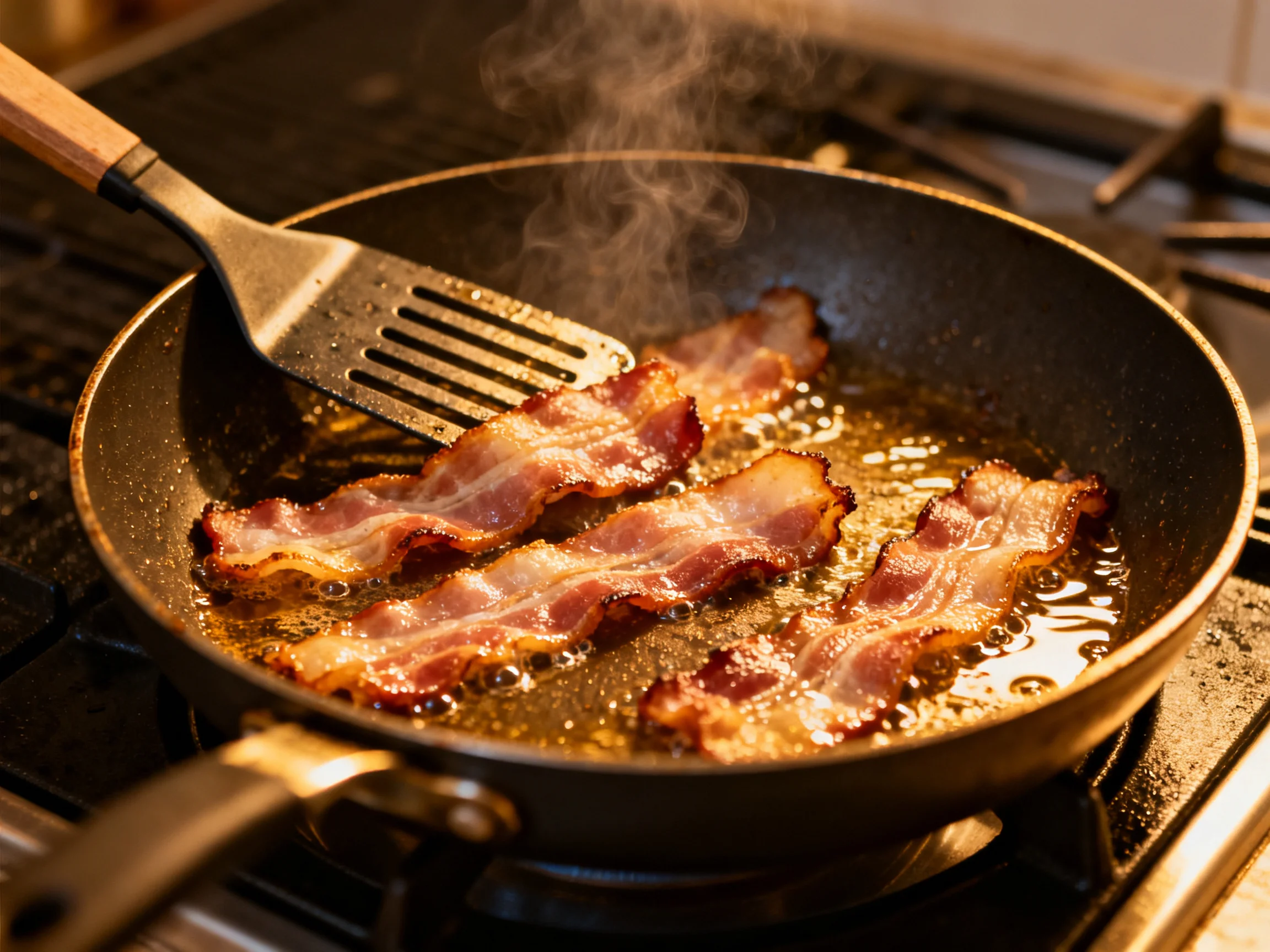 Three crispy bacon strips sizzling in a black skillet over a stove