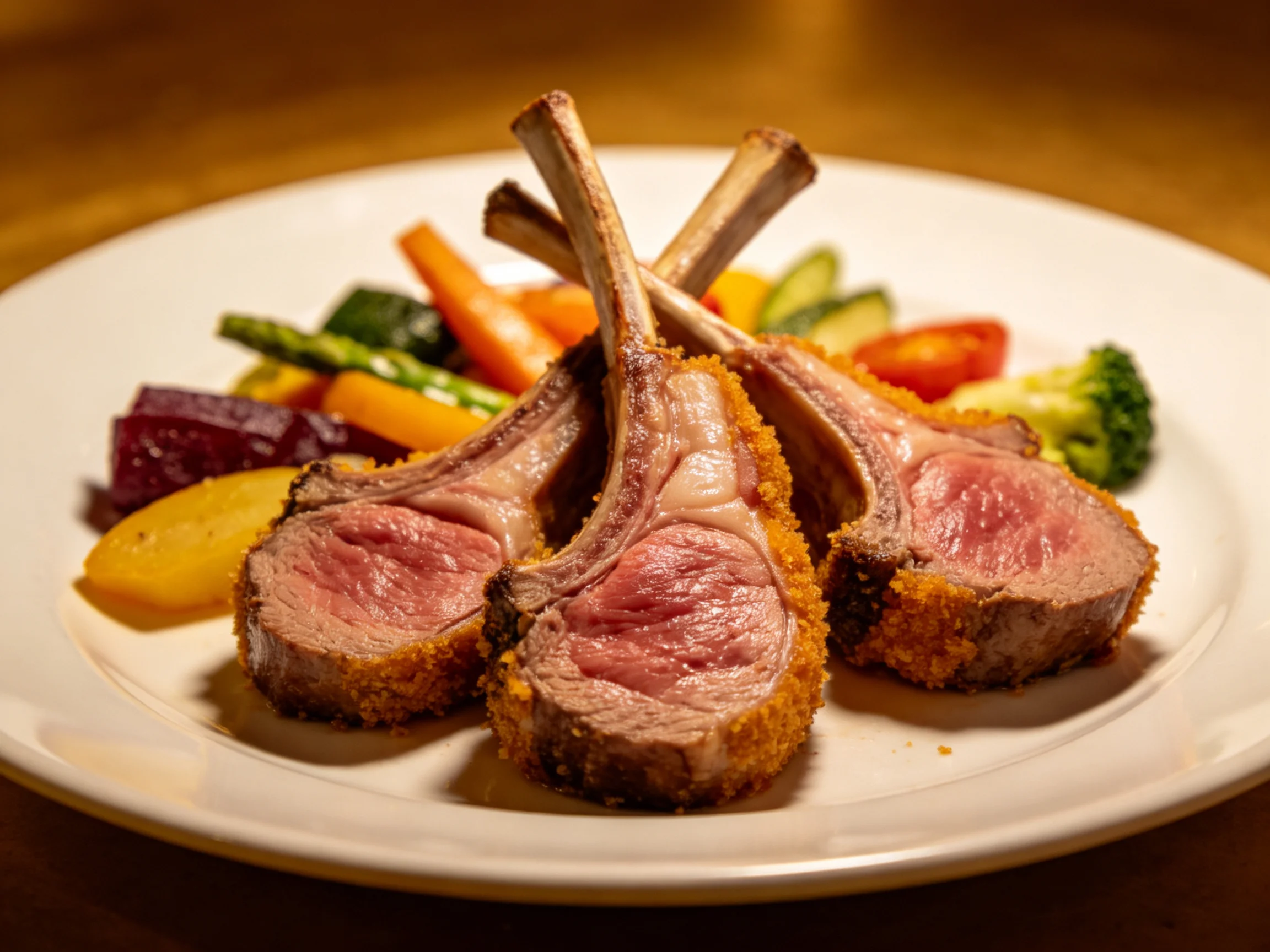 Three crispy lamb chops served with colorful roasted vegetables