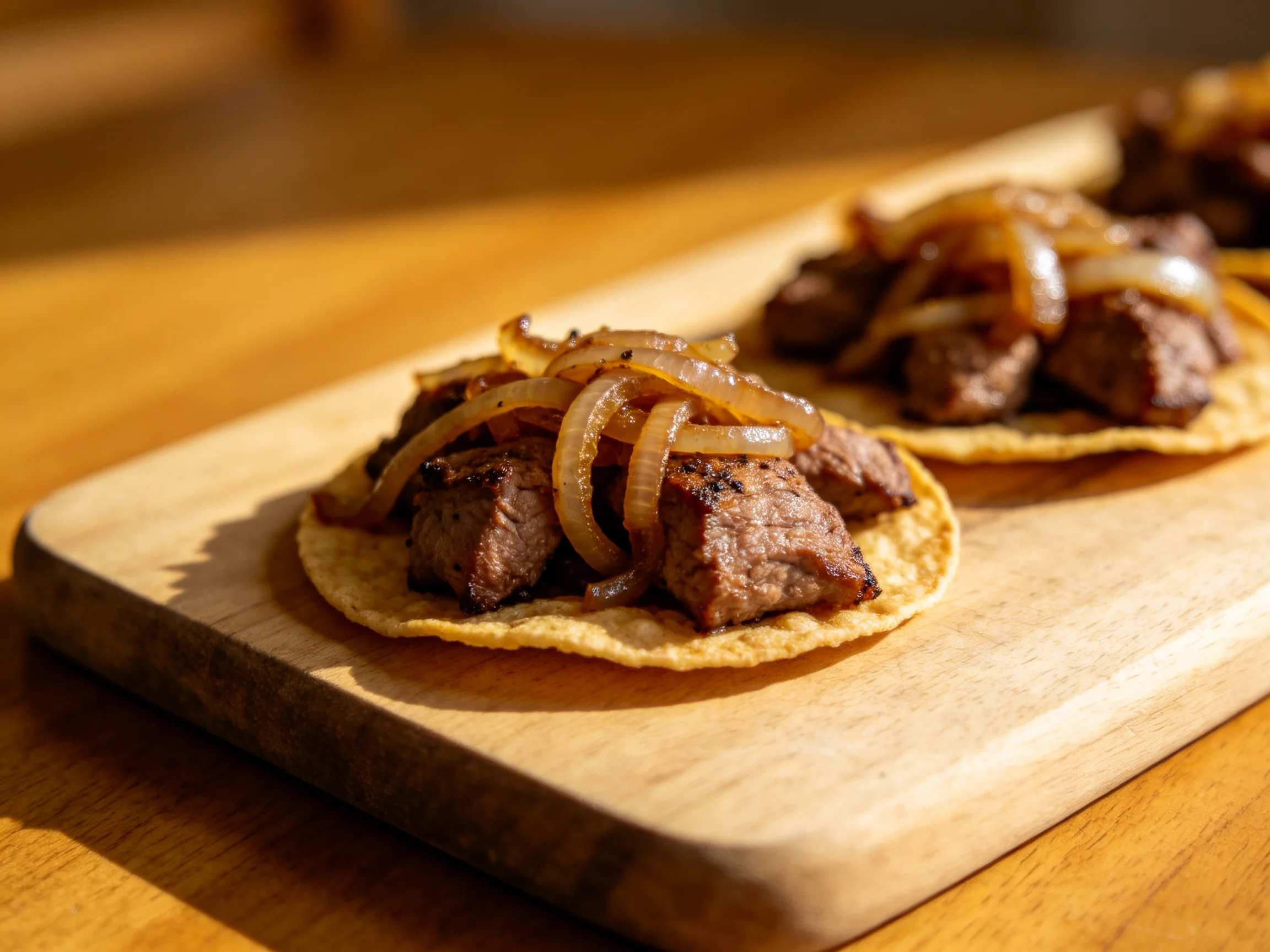 Three crispy tostadas with grilled beef and caramelized onions