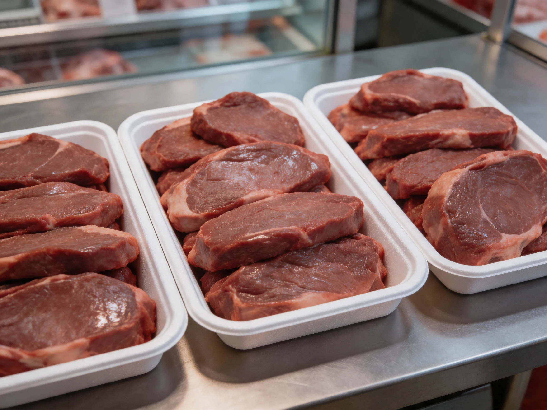 Three foam trays hold raw red beef steaks on a metallic counter.