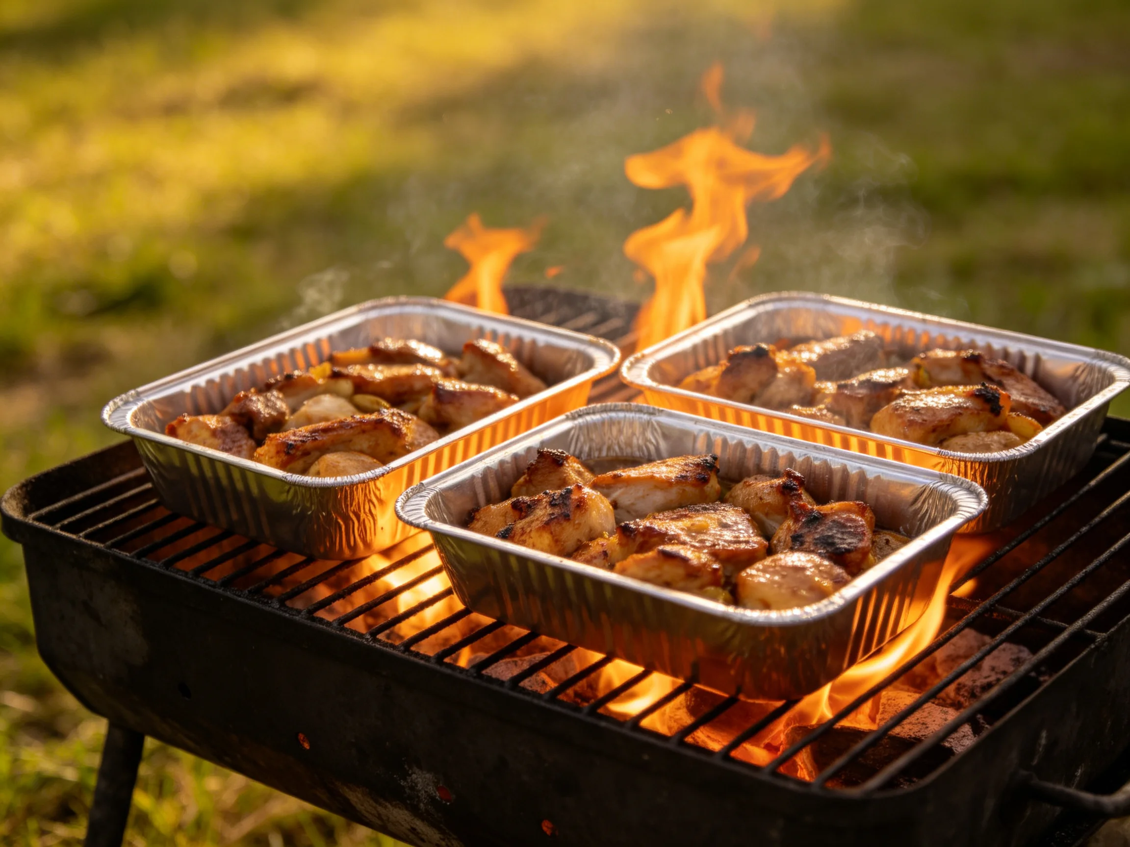 Three foil containers grill meat over bright flames outdoors