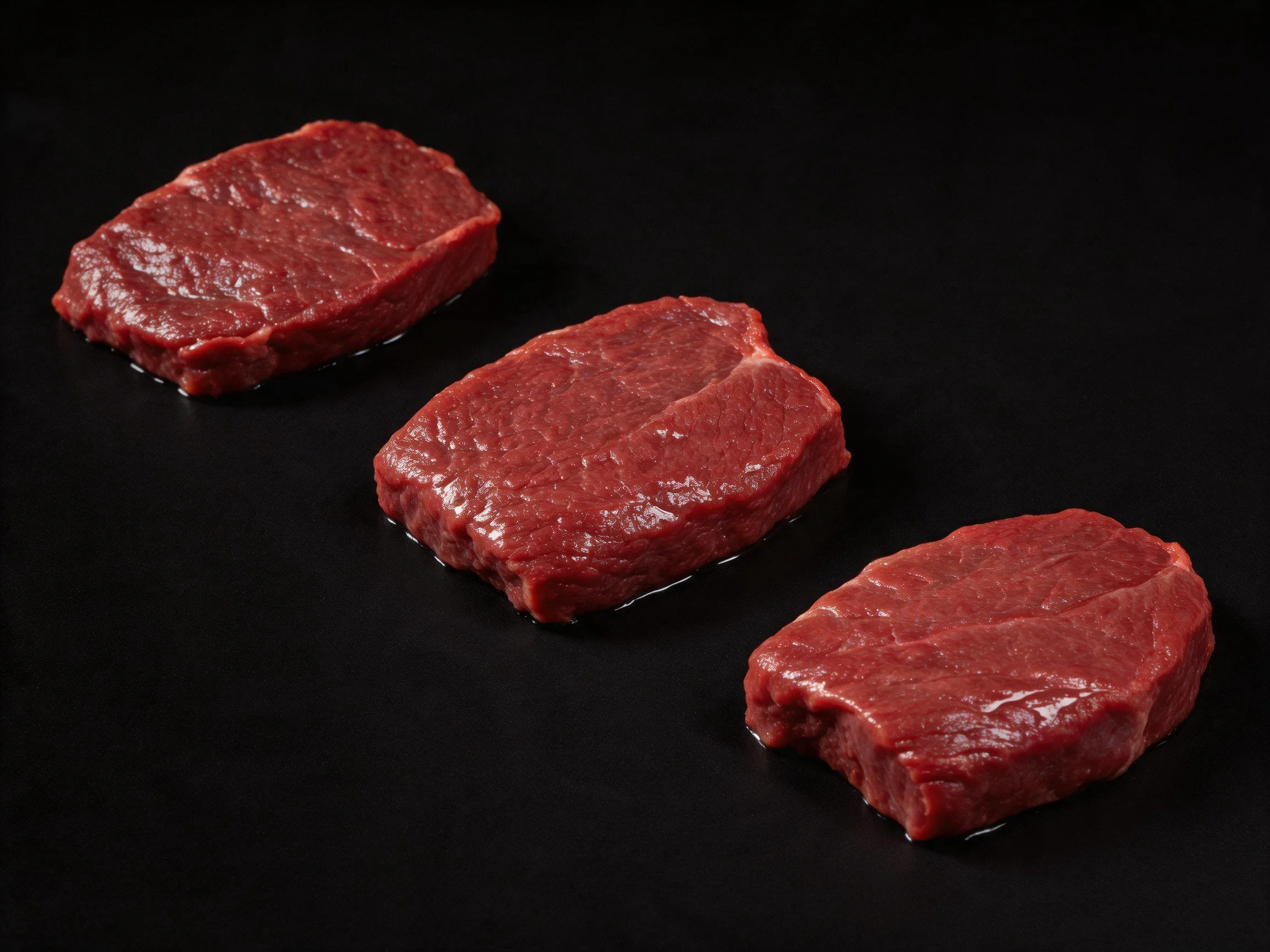 Three fresh raw beef steaks displayed on a black surface