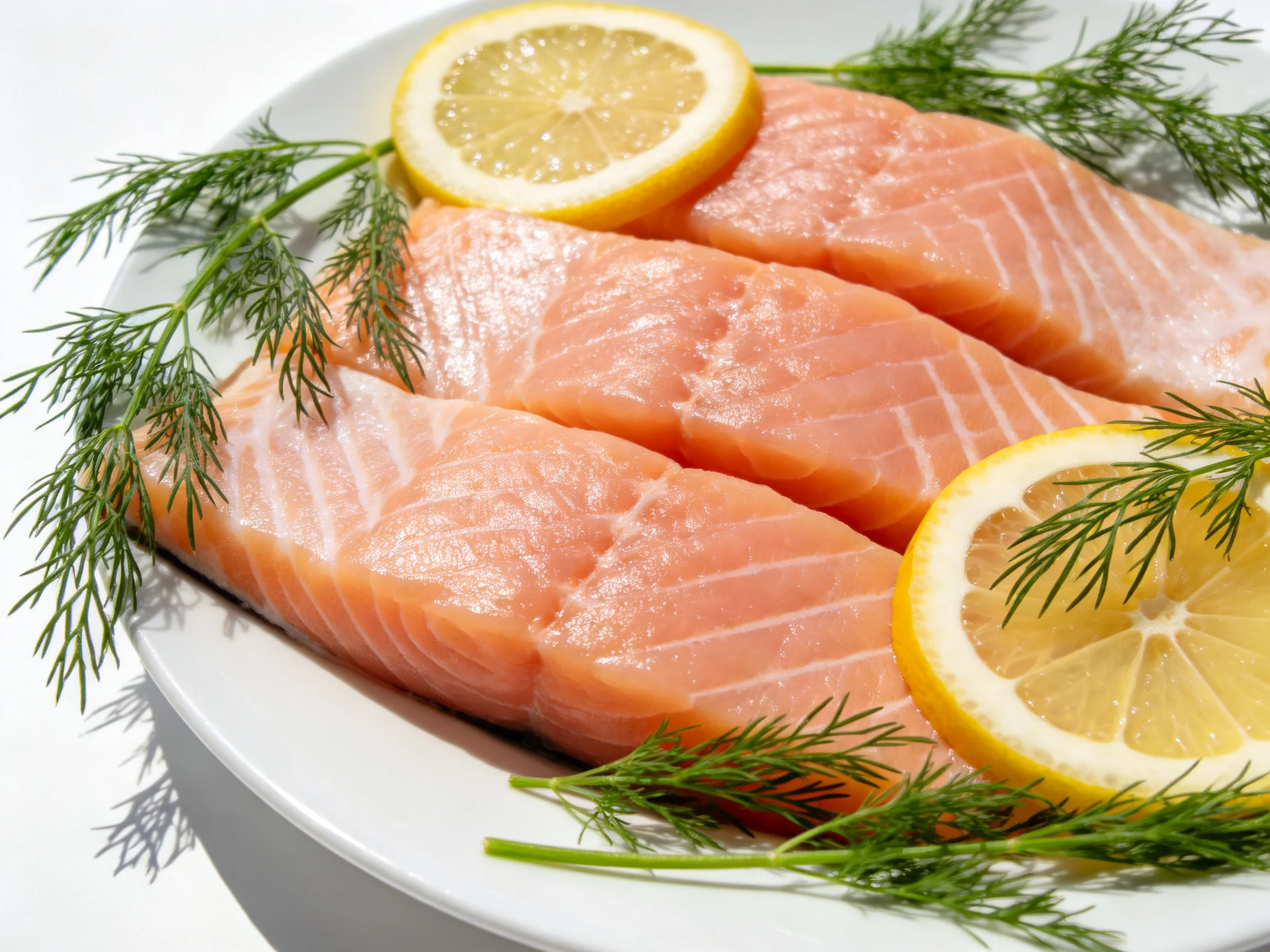 Three fresh salmon fillets with lemon slices and dill garnish