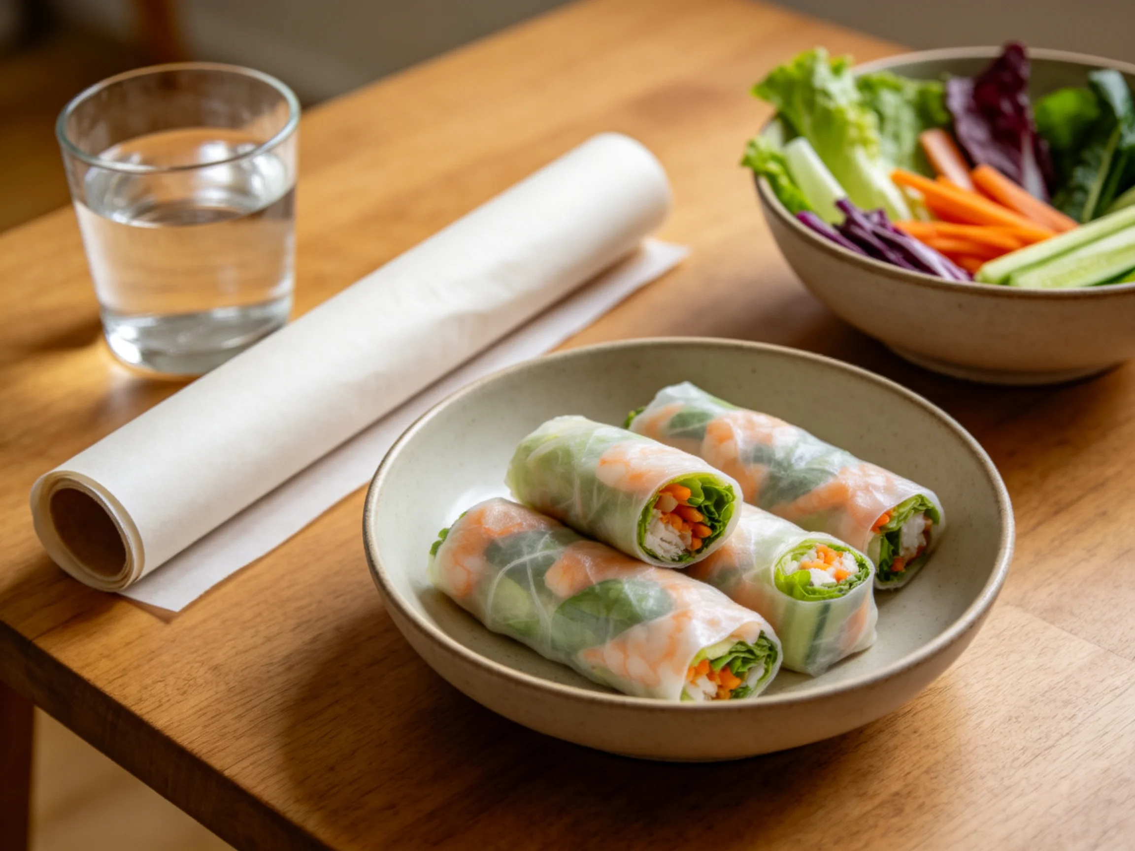 Three fresh spring rolls with vegetable sides and rice paper on a wooden table