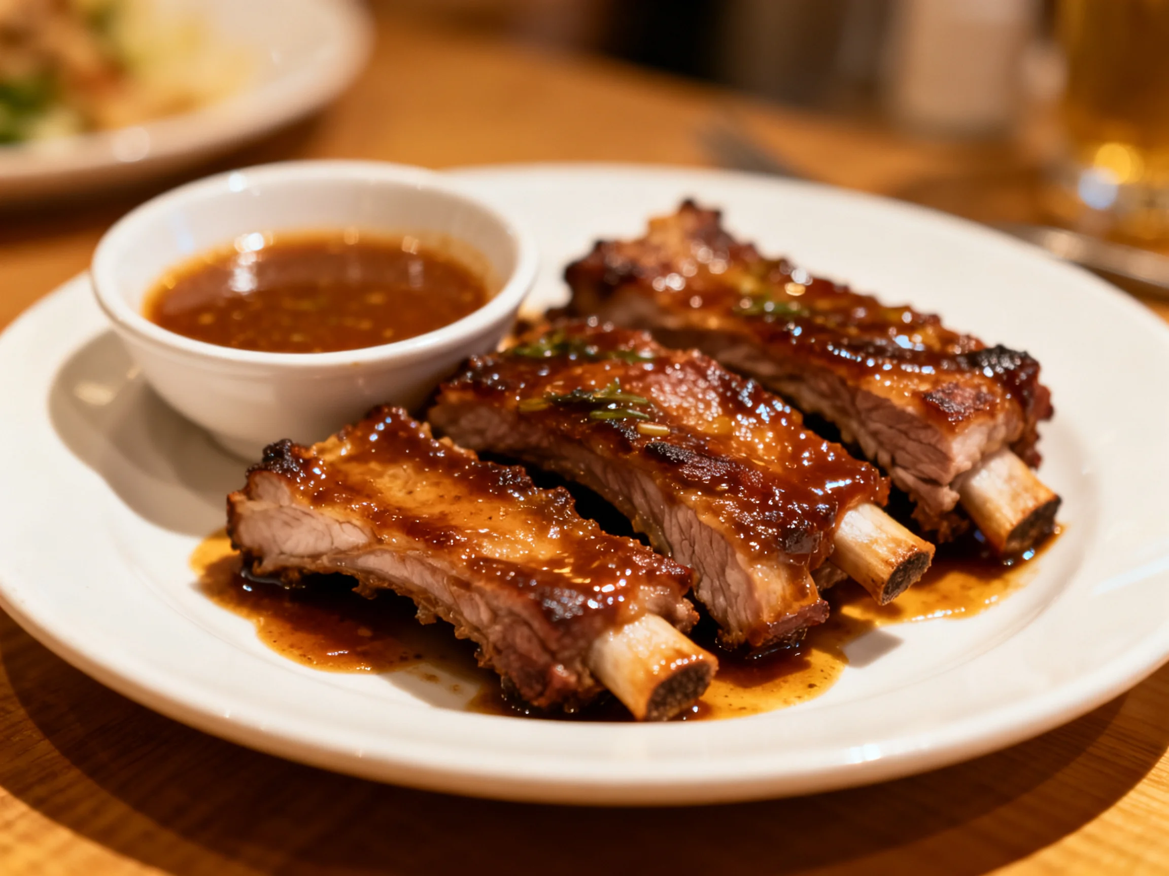 Three glazed pork ribs served with brown sauce on a white plate