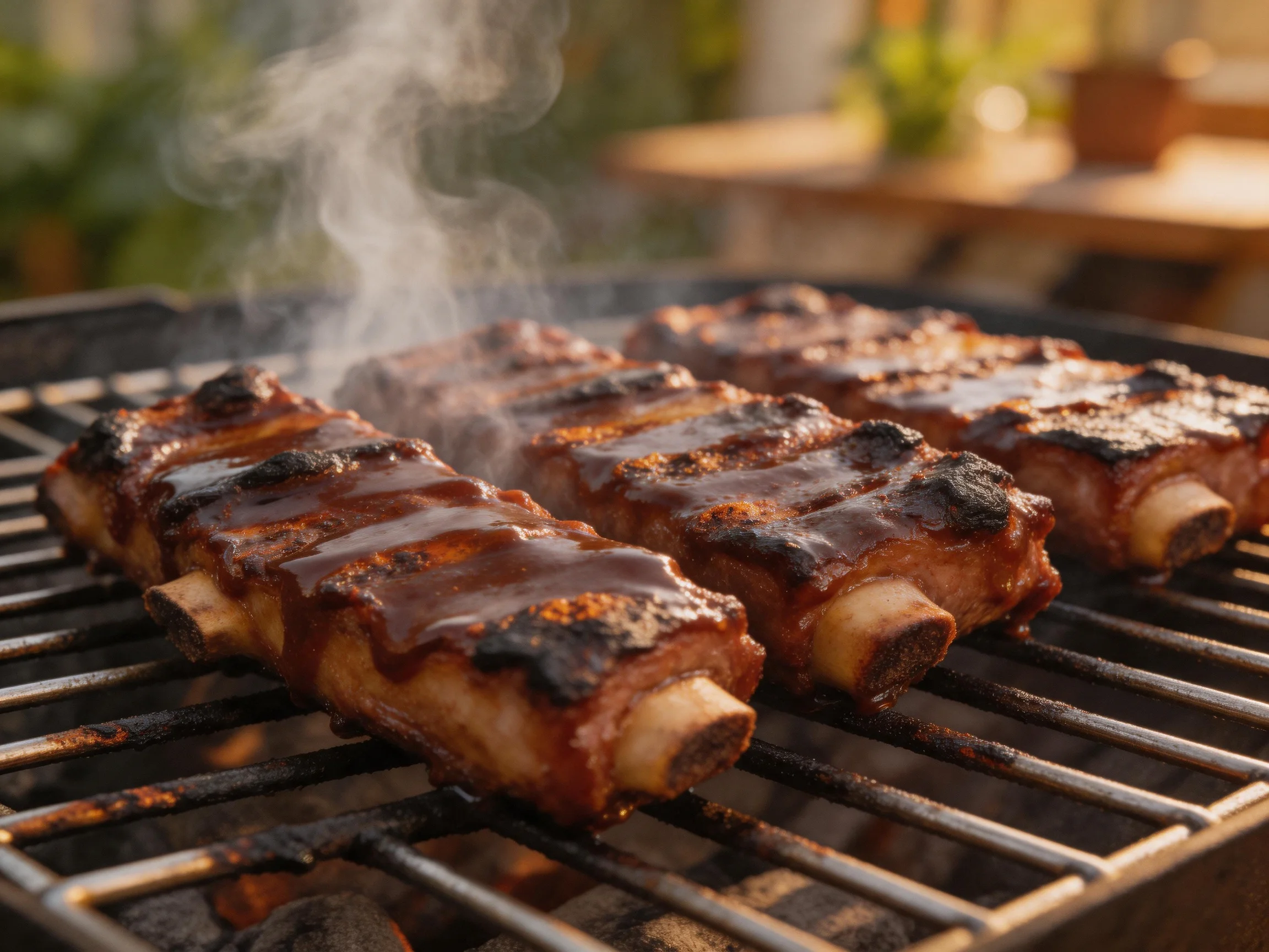 Three glazed pork ribs sizzling on a smoky charcoal grill