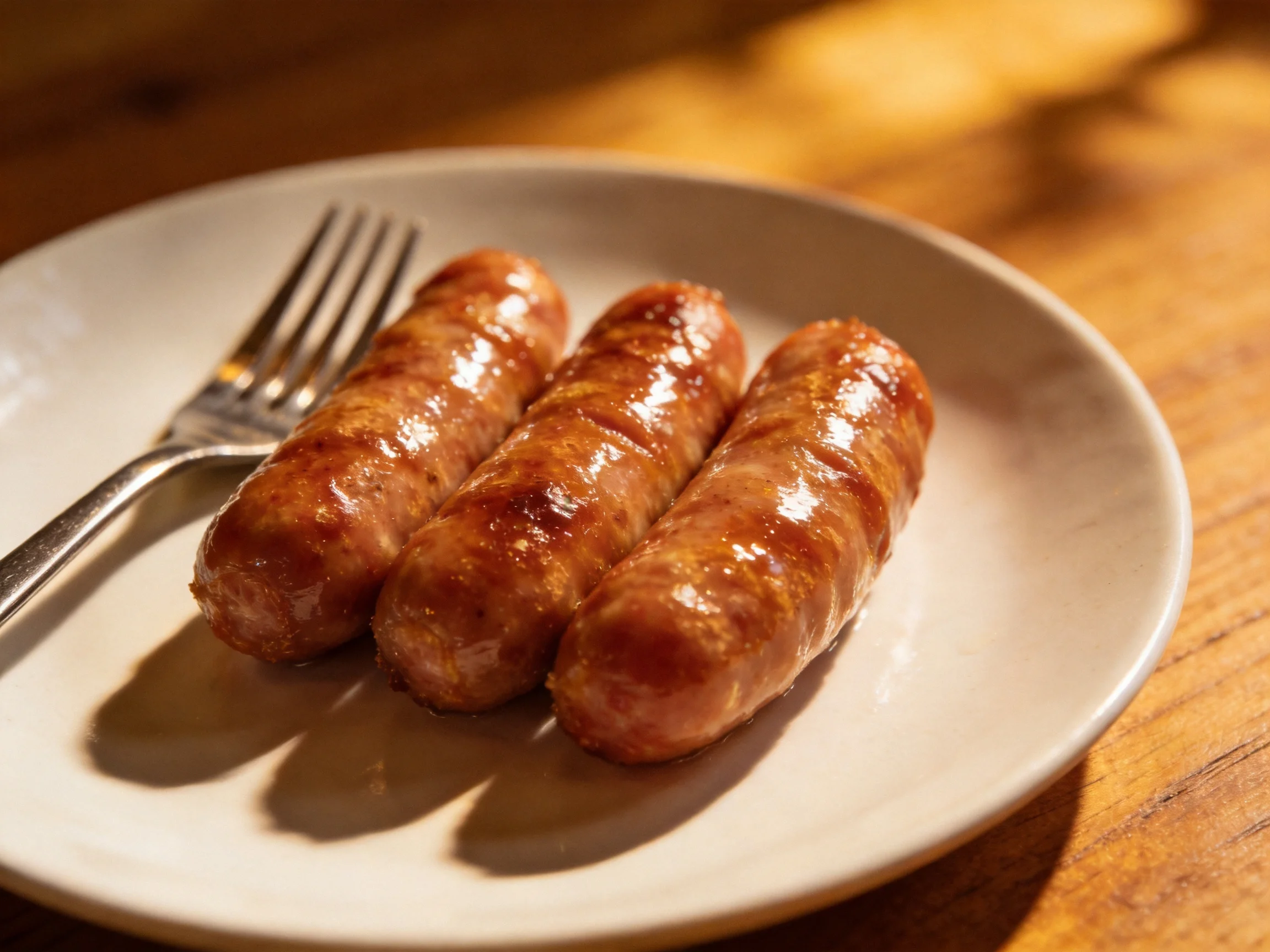Three glossy brown sausages on a white plate with a fork