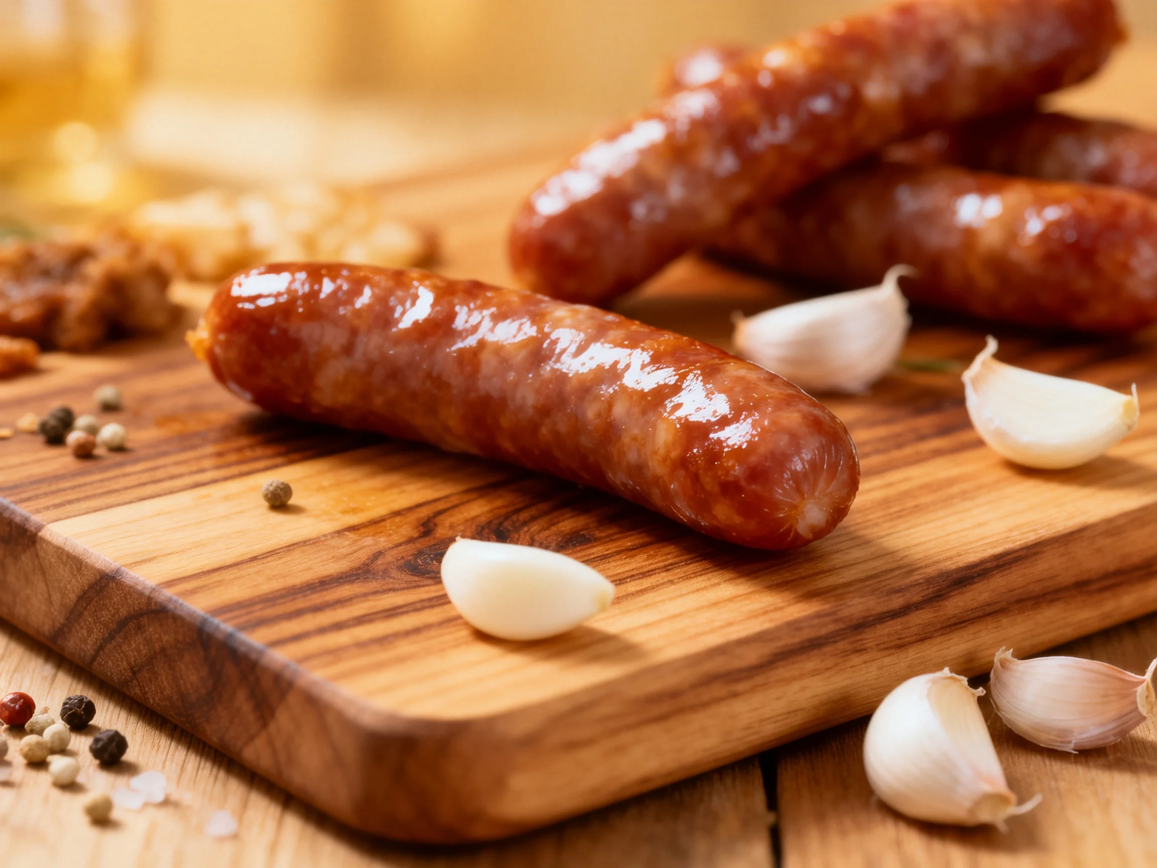 Three glossy brown sausages on wooden board with garlic and spices