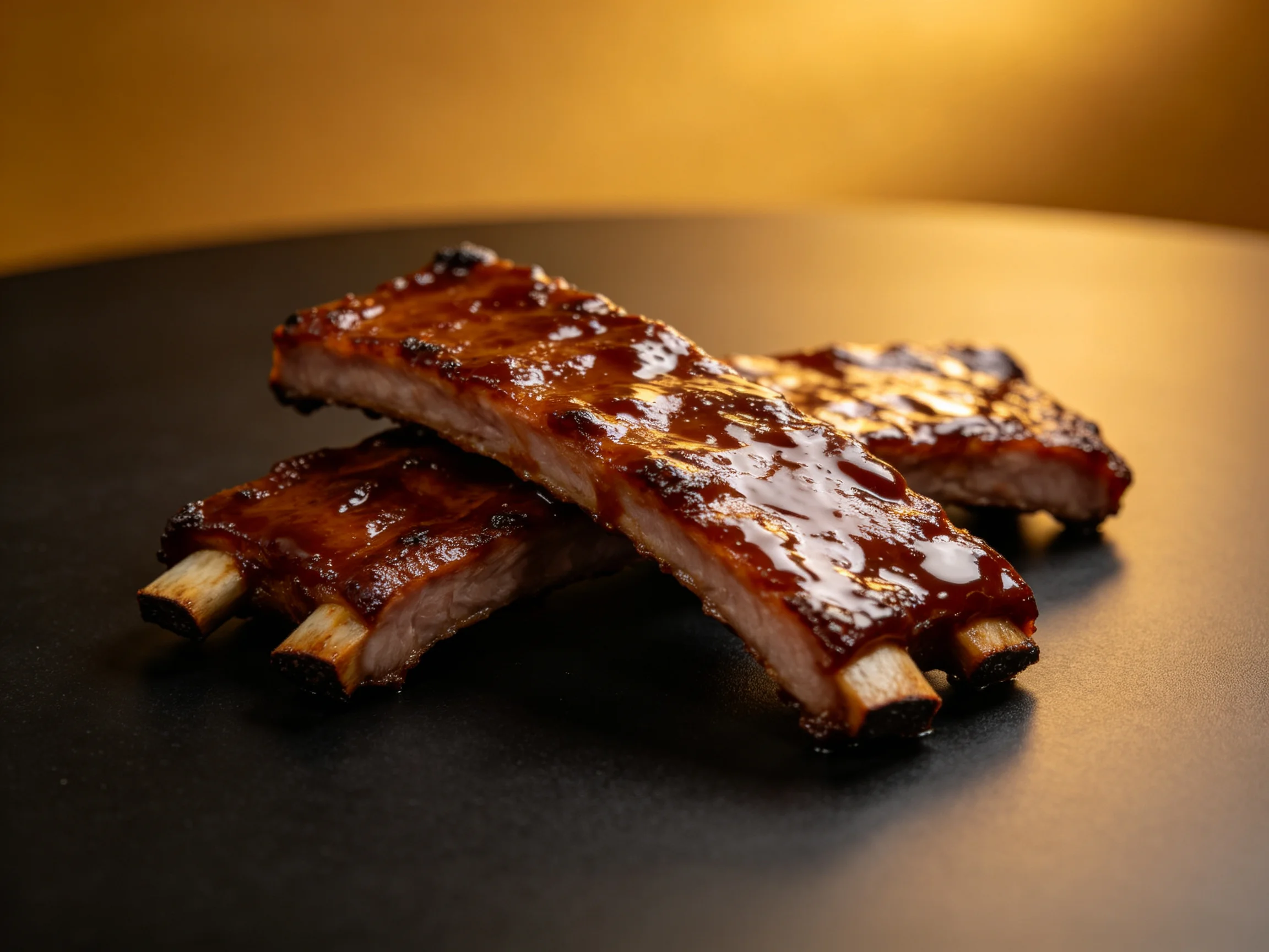 Three glossy, caramel-colored barbecued ribs on a dark surface