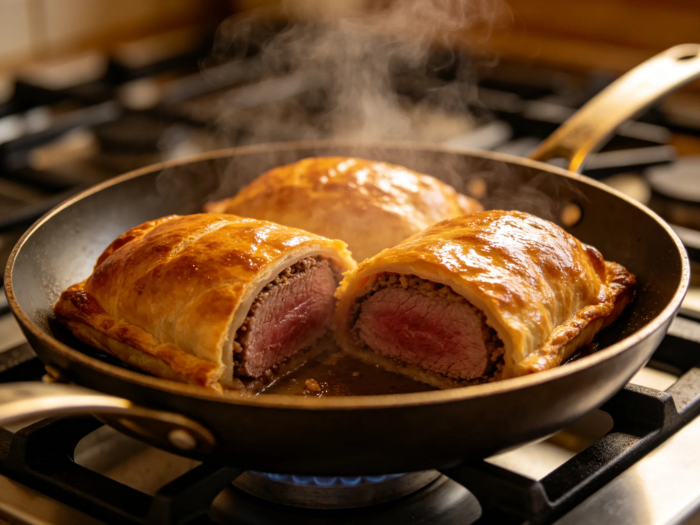 Three golden-brown beef wellingtons frying in a black skillet