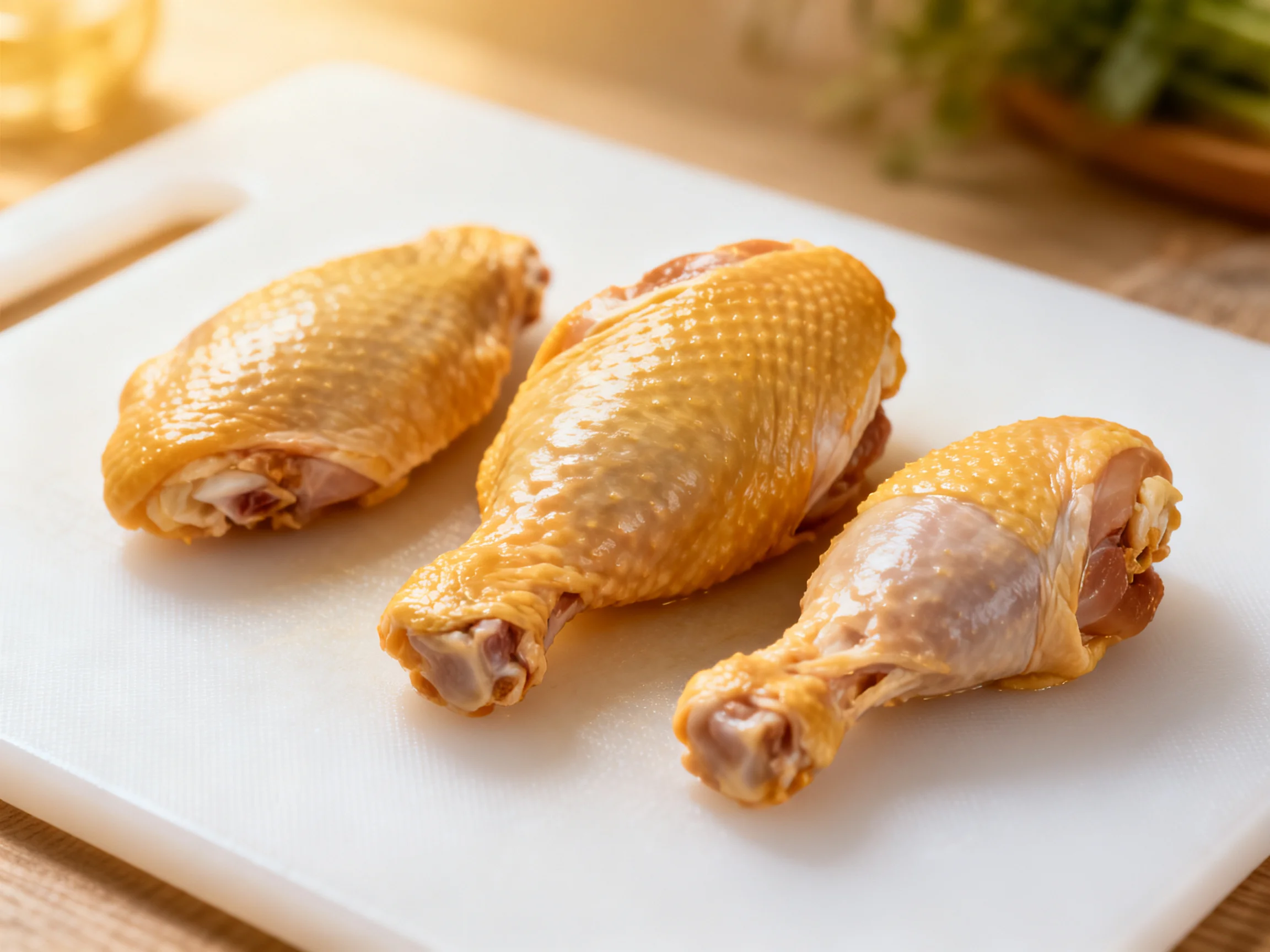 Three golden-brown chicken drumsticks arranged on a white cutting board