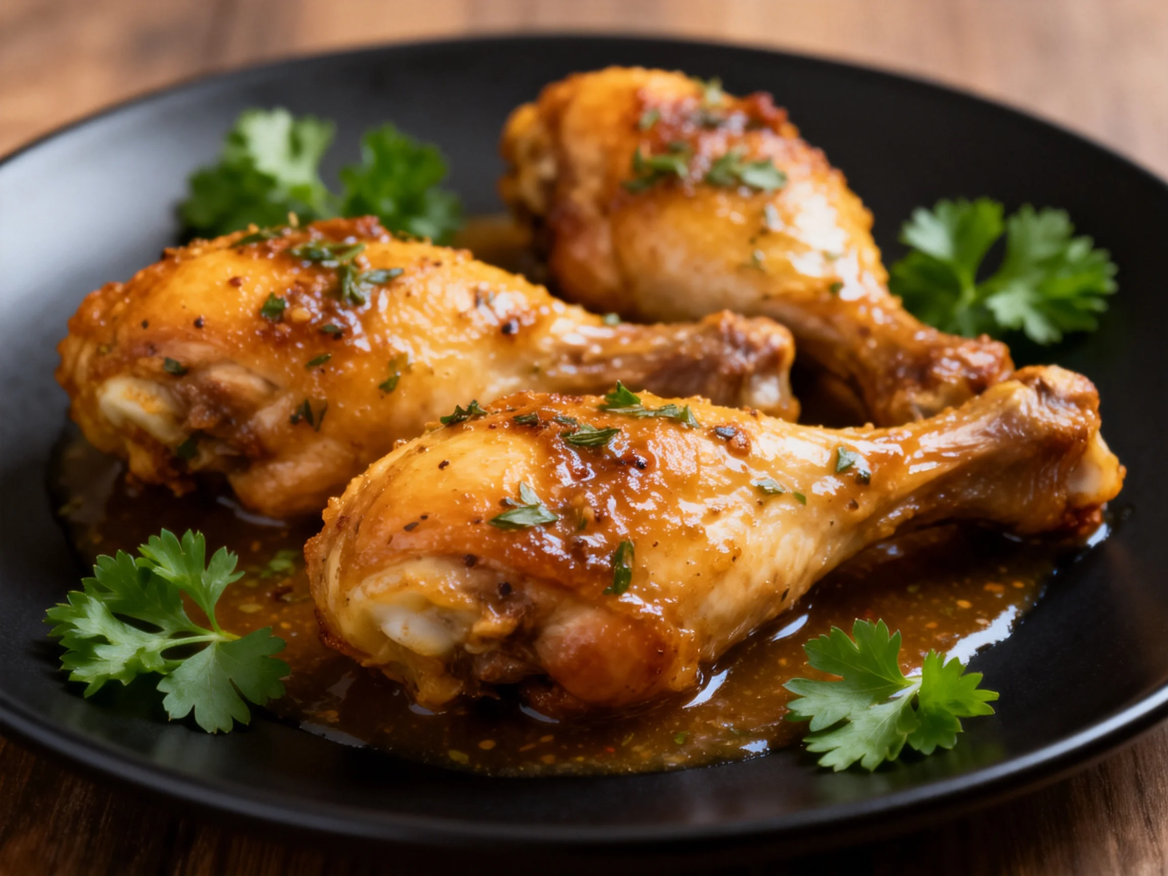 Three golden-brown chicken drumsticks on a black plate with cilantro