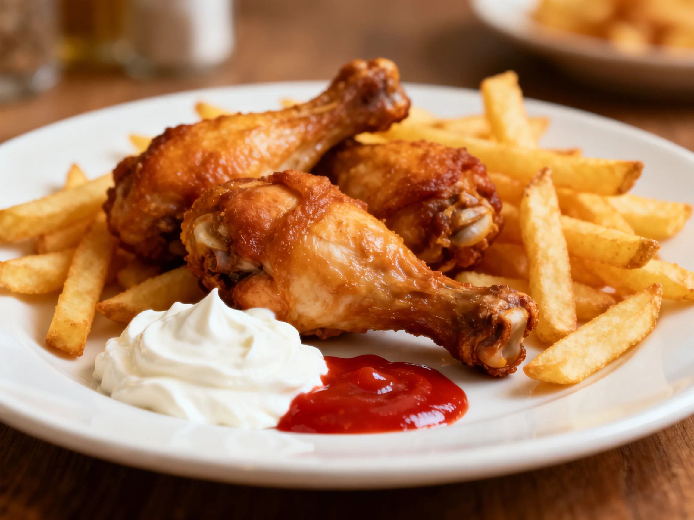 Three golden-brown chicken drumsticks with crispy fries, ketchup, and sour cream