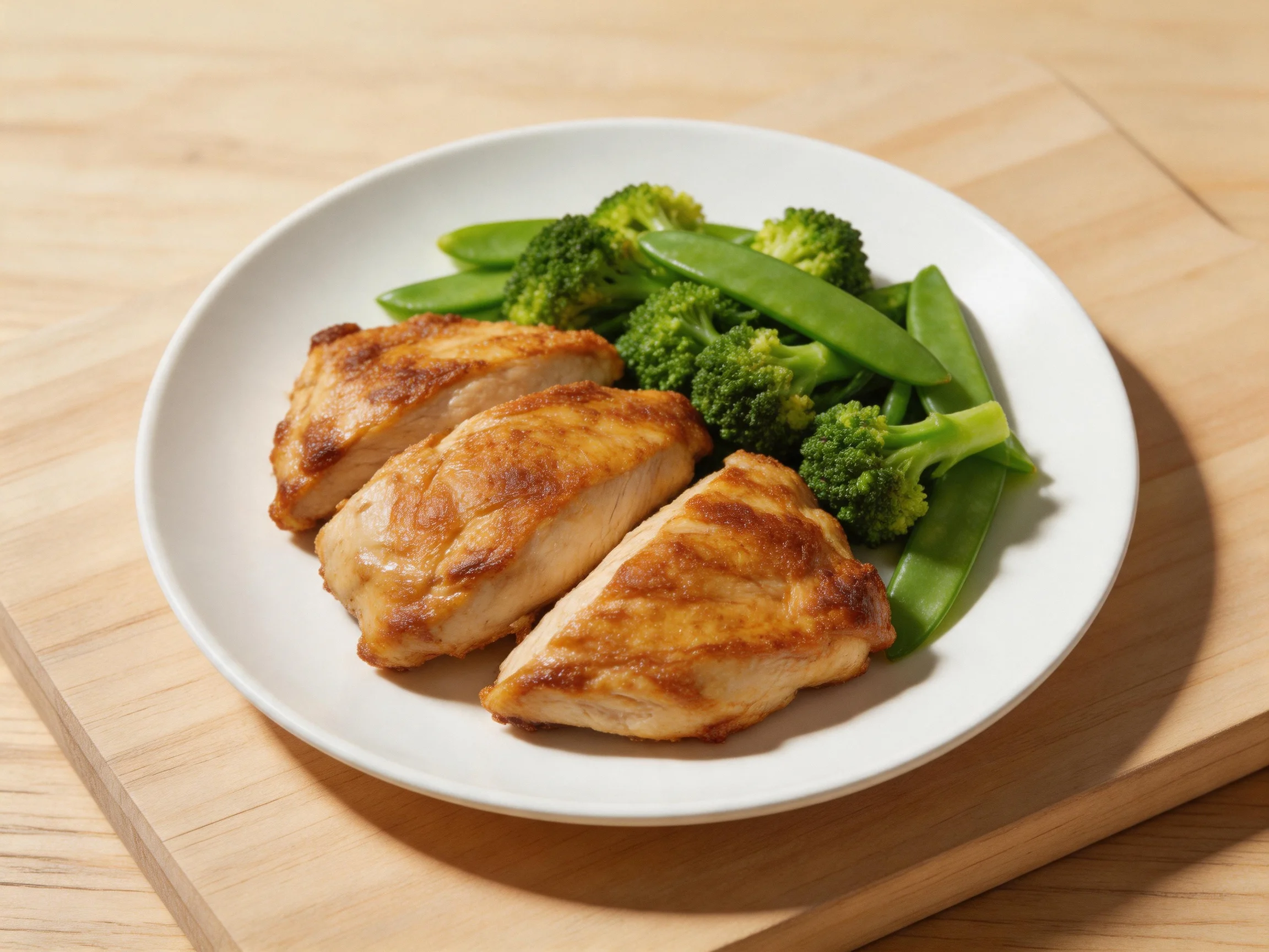 Three golden-brown chicken pieces with green vegetables on a white plate