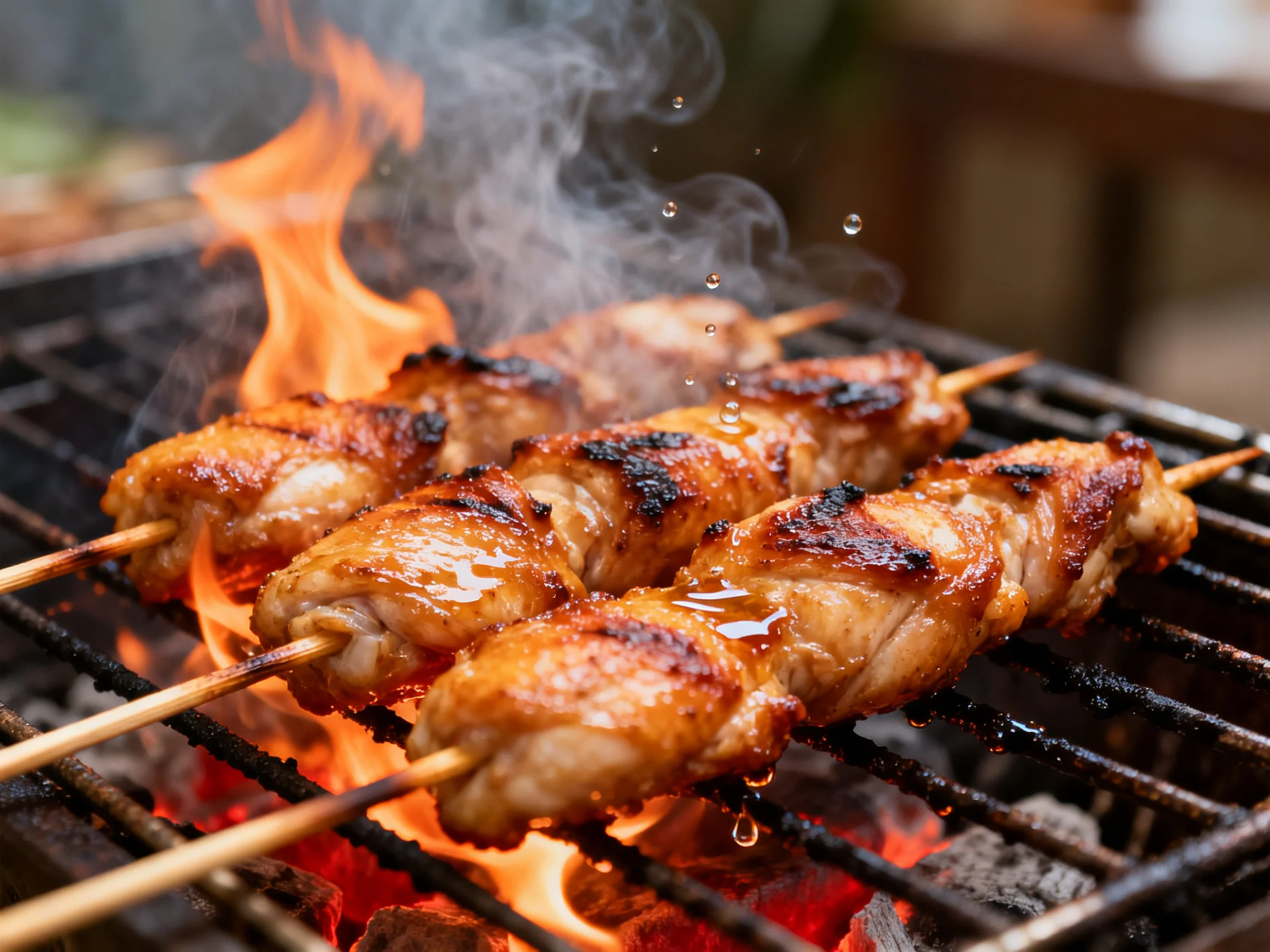 Three golden-brown chicken skewers grill over bright flames on a charcoal barbecue