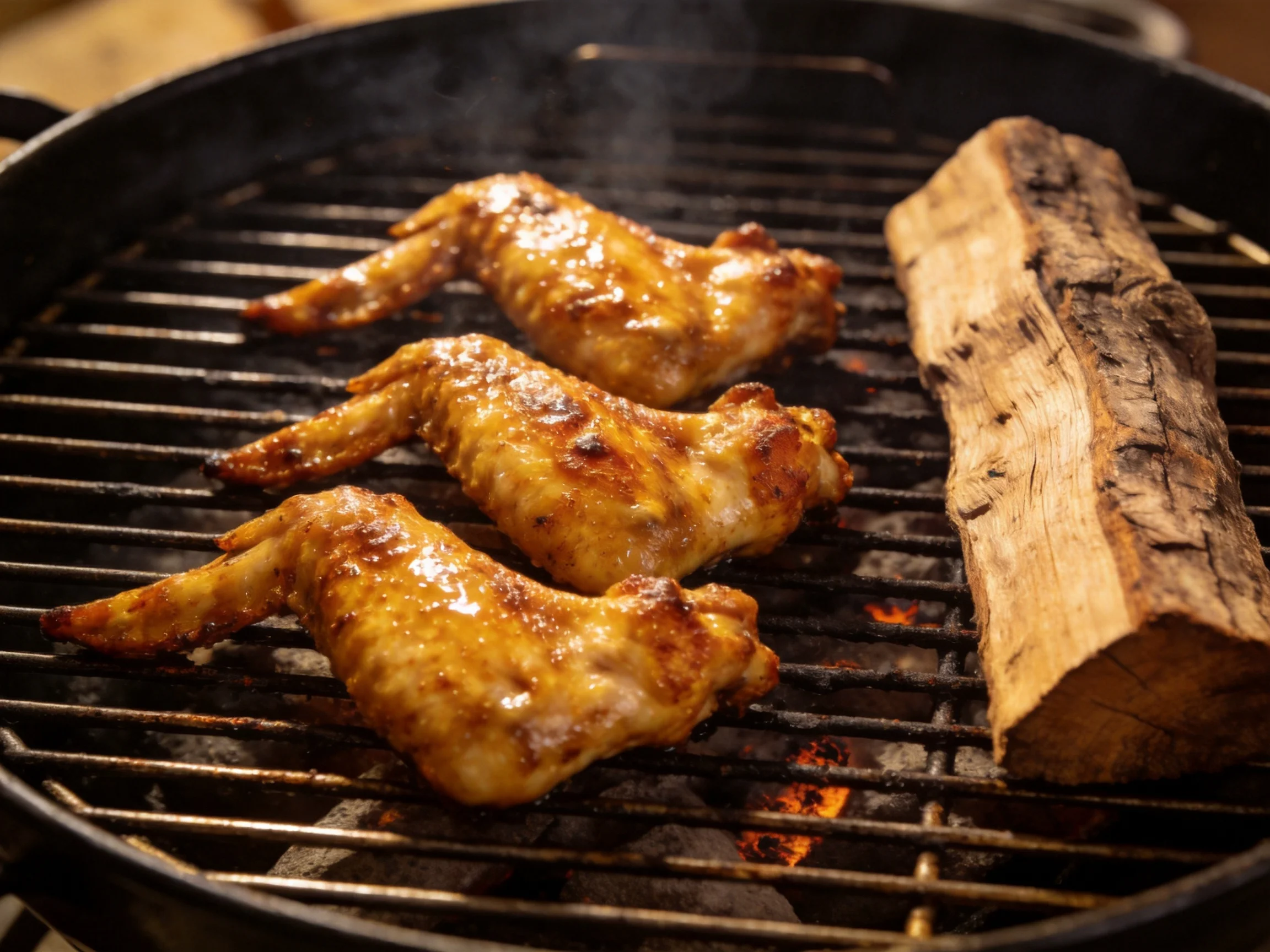 Three golden-brown chicken wings sizzle on a black cast iron grill