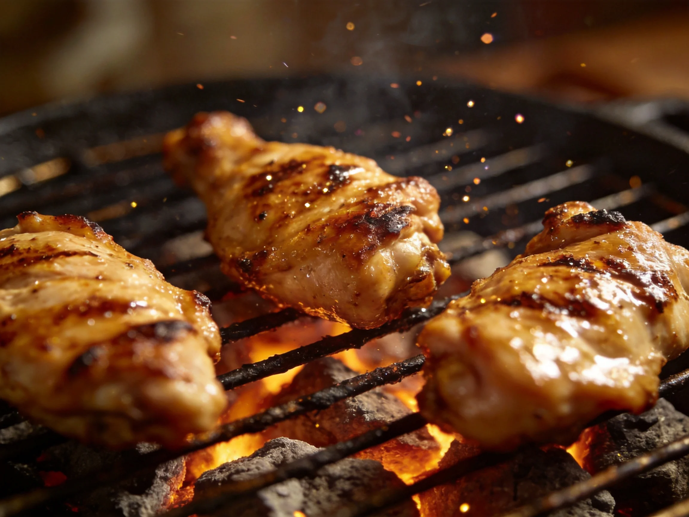 Three golden-brown chicken wings sizzle over glowing embers
