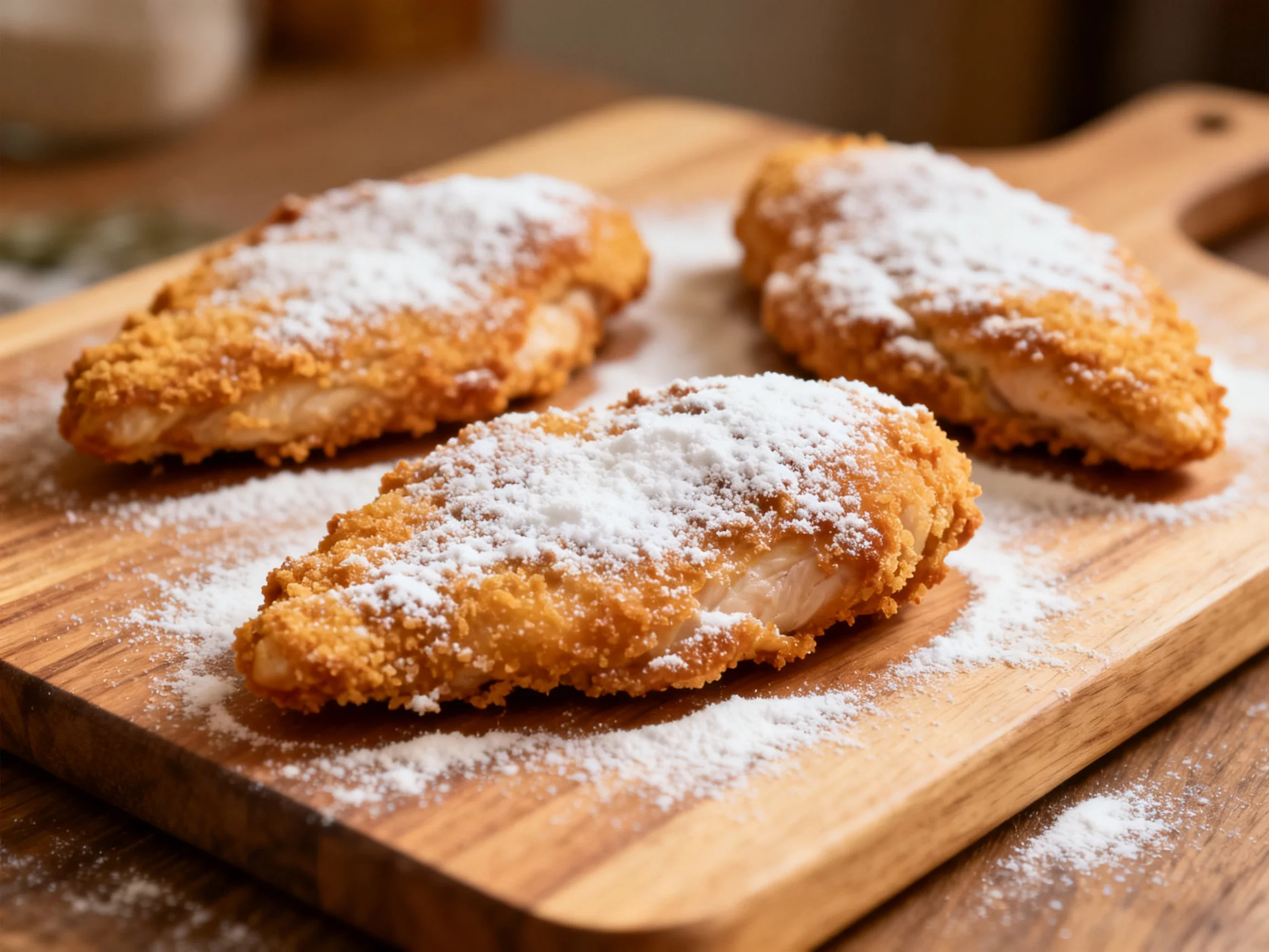 Three golden-brown fried chicken breasts dusted with white powder on a wooden cutting board