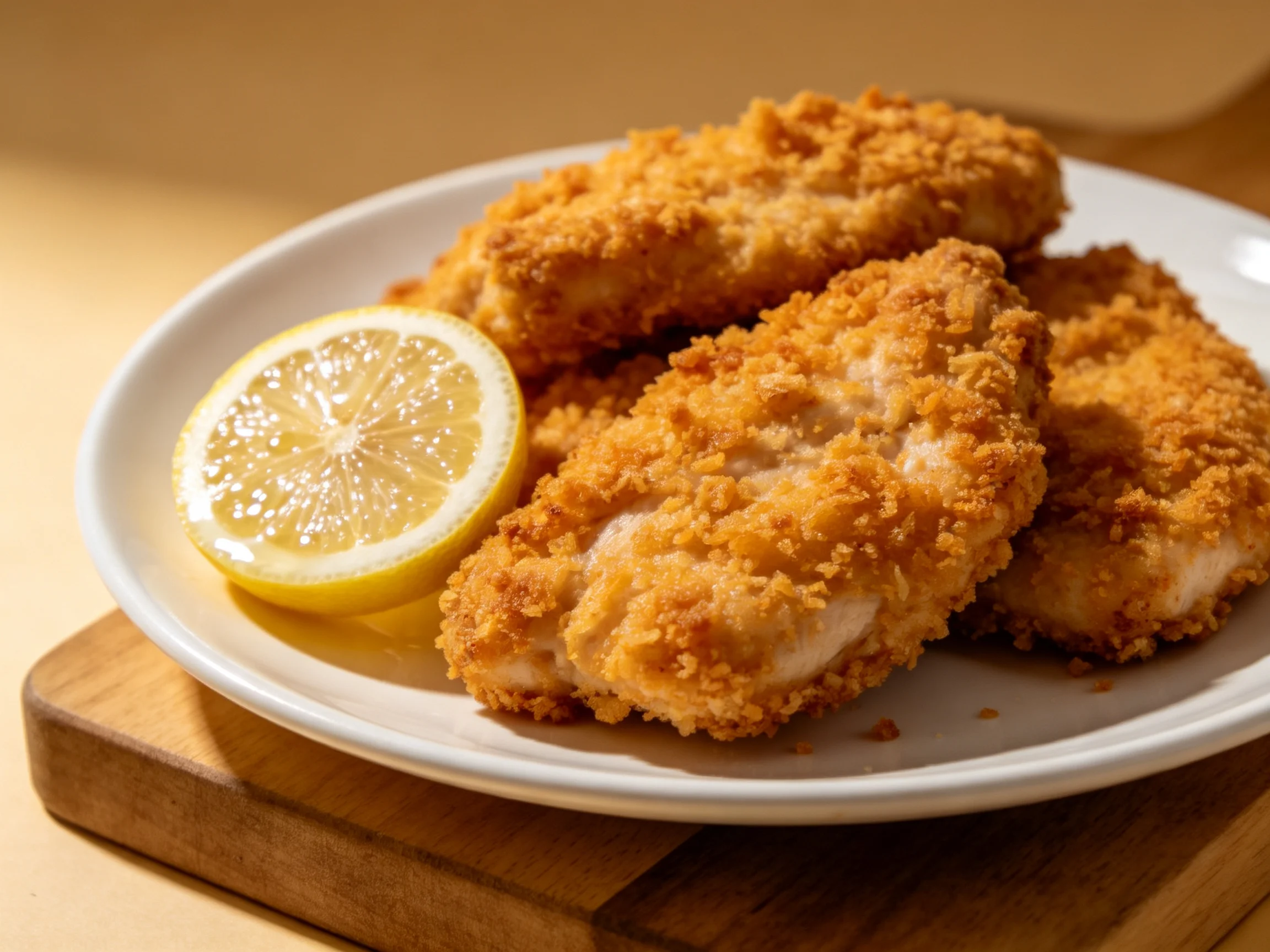 Three golden-brown fried chicken tenders with a lemon half