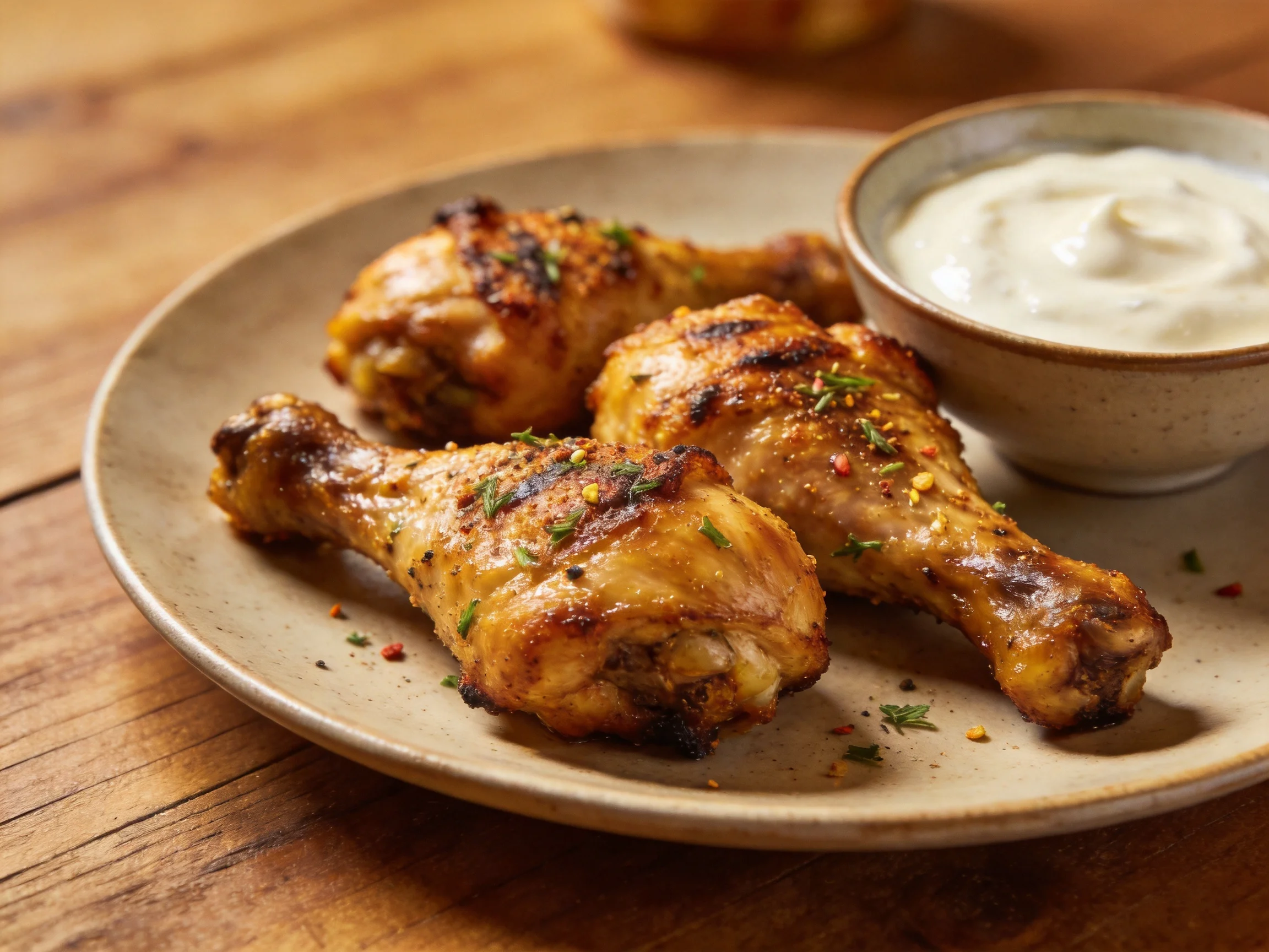 Three golden-brown grilled chicken drumsticks with herb garnish