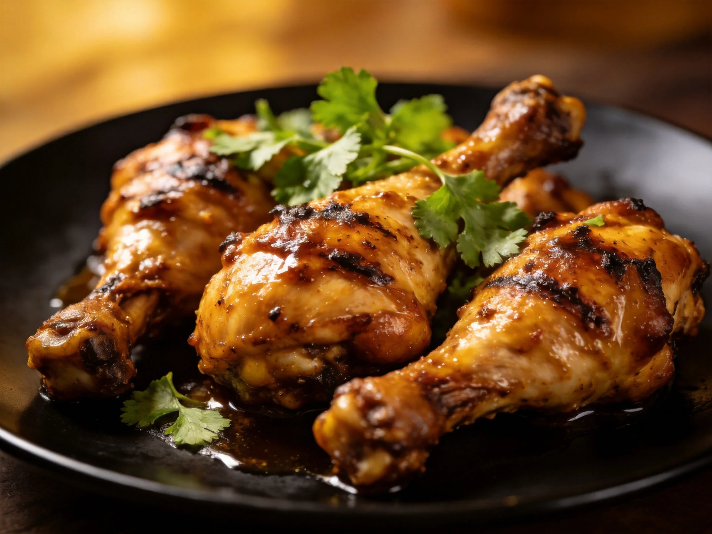 Three golden-brown grilled chicken legs on a black plate with cilantro