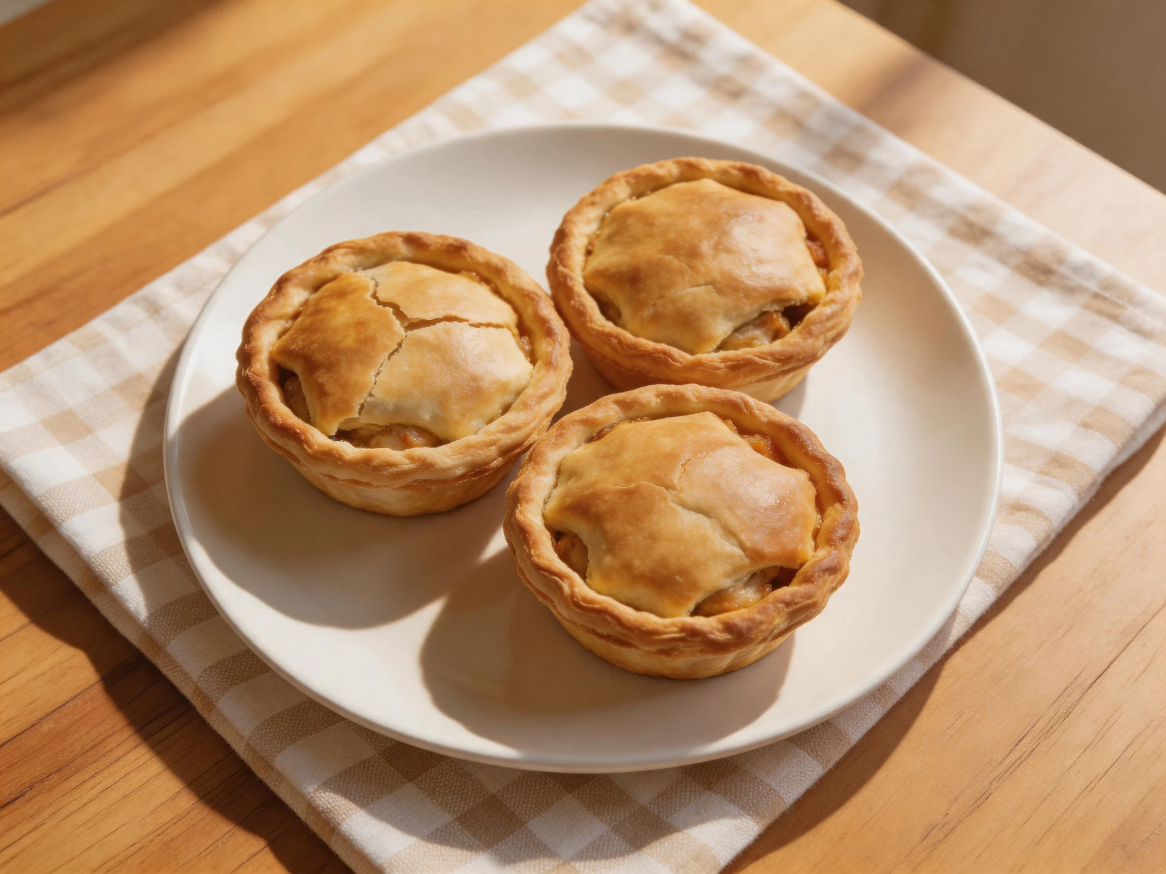 Three golden-brown mini pies on a white plate over a checkered cloth
