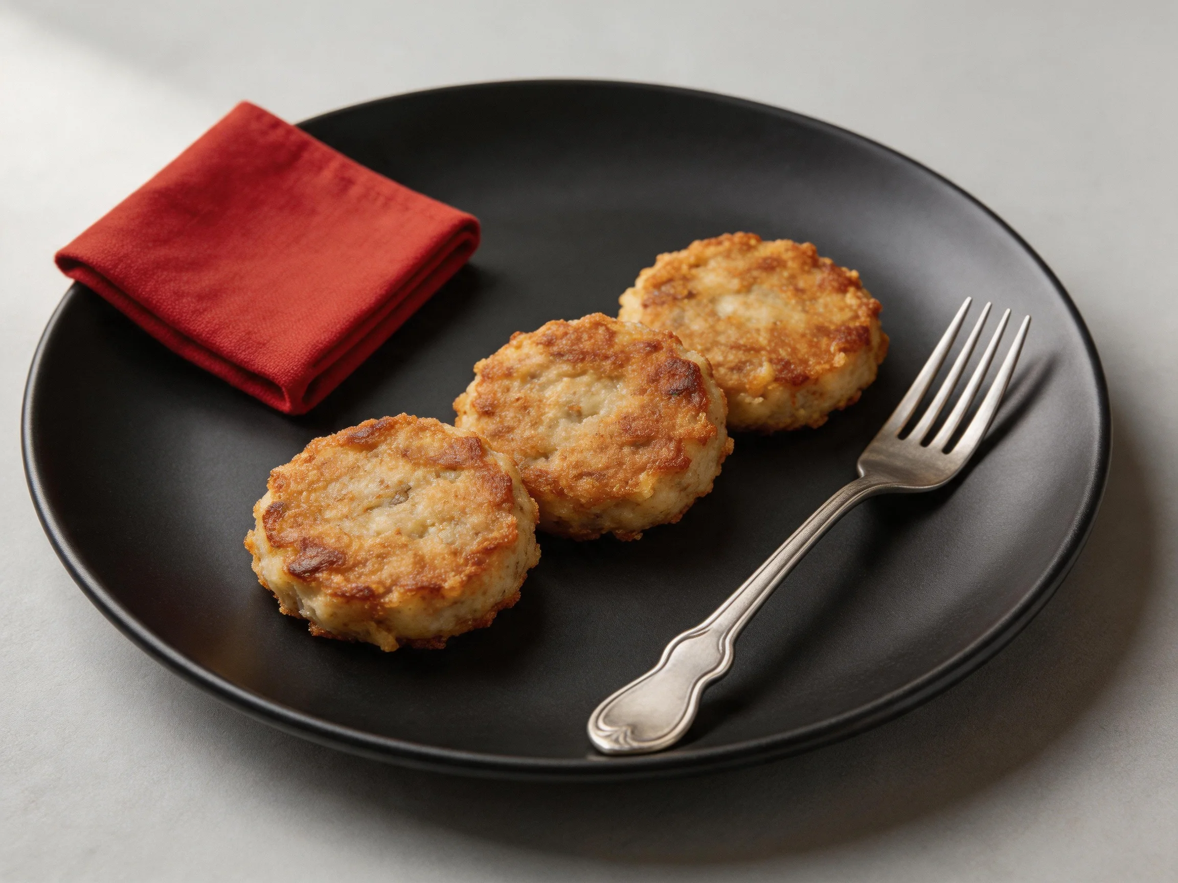 Three golden-brown patties on a matte-black plate with a red napkin