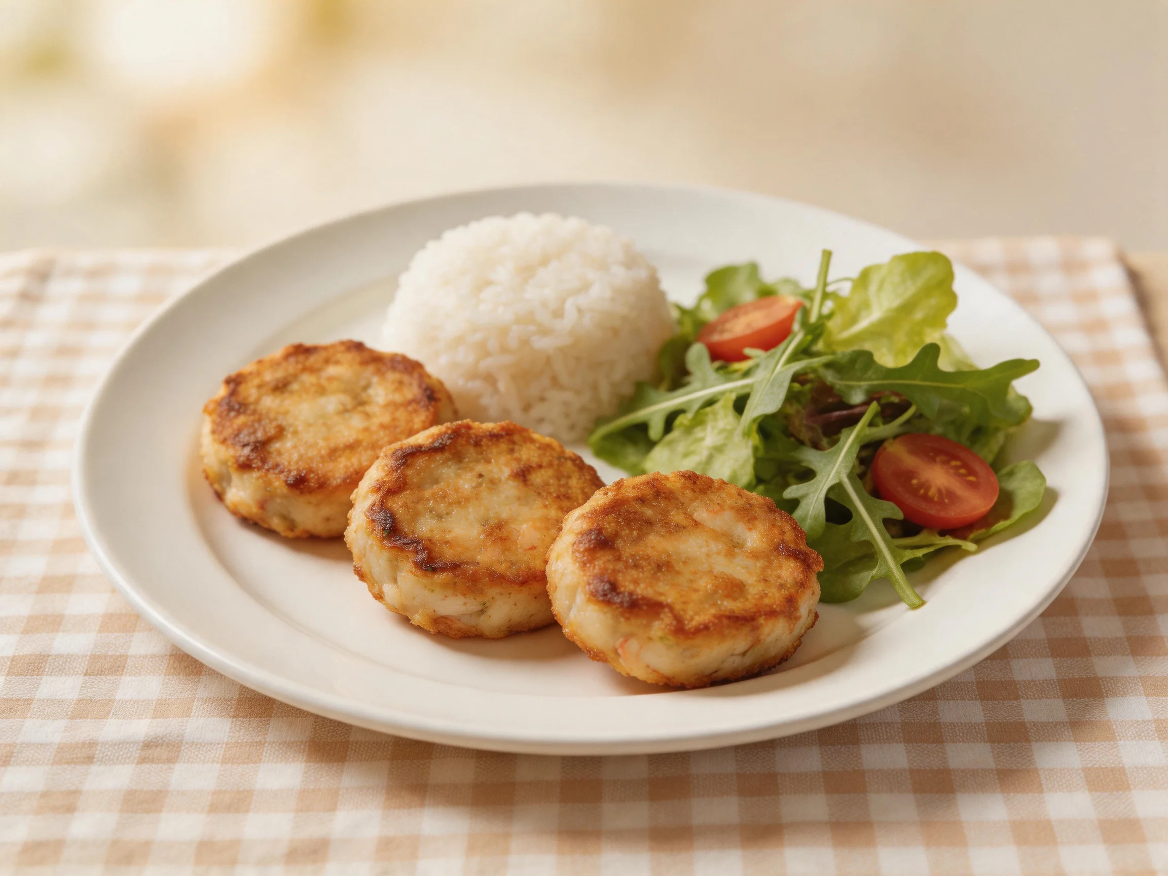 Three golden-brown patties, white rice, and fresh greens on a white plate