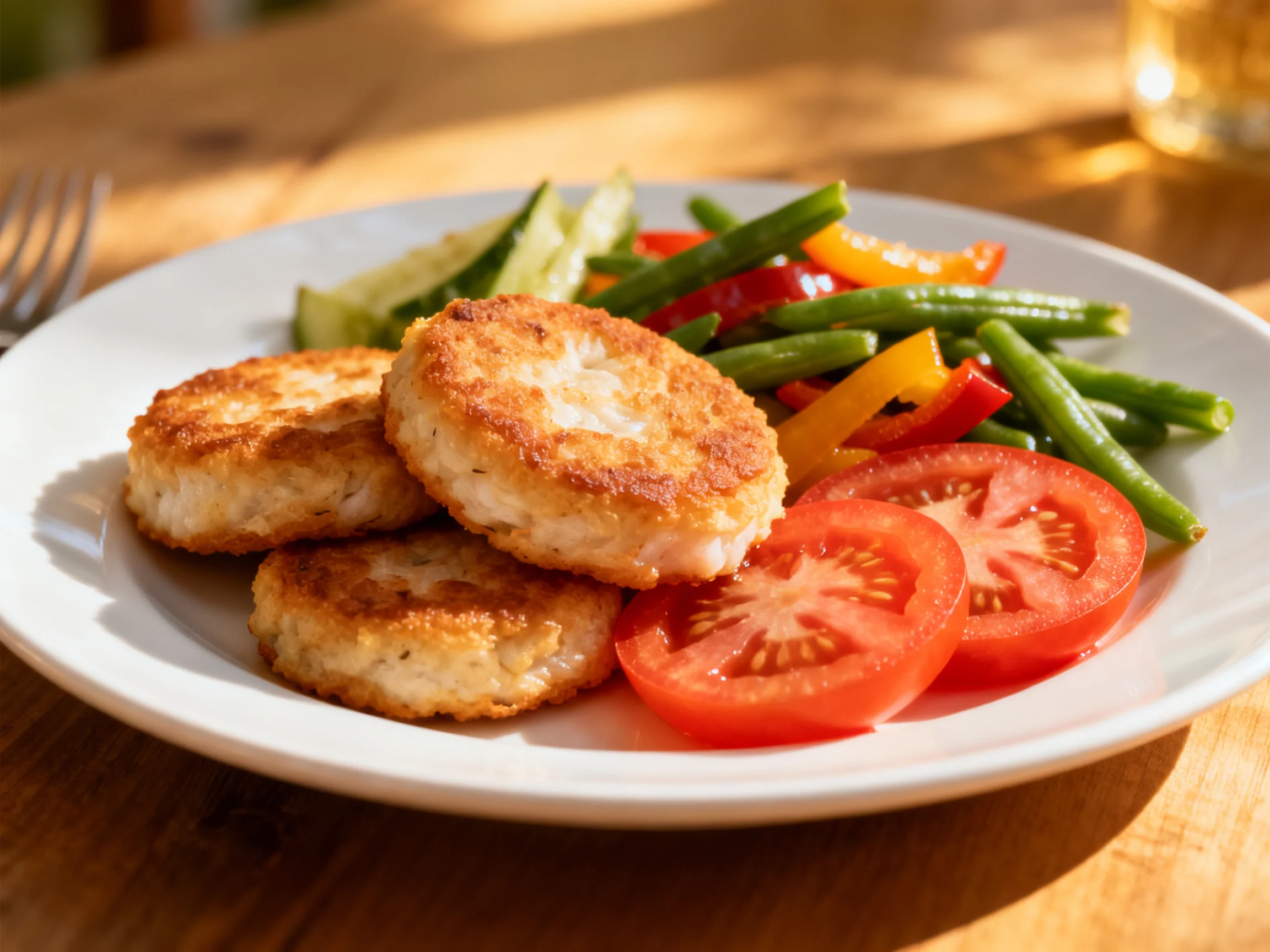 Three golden-brown patties with fresh vegetables on a white plate
