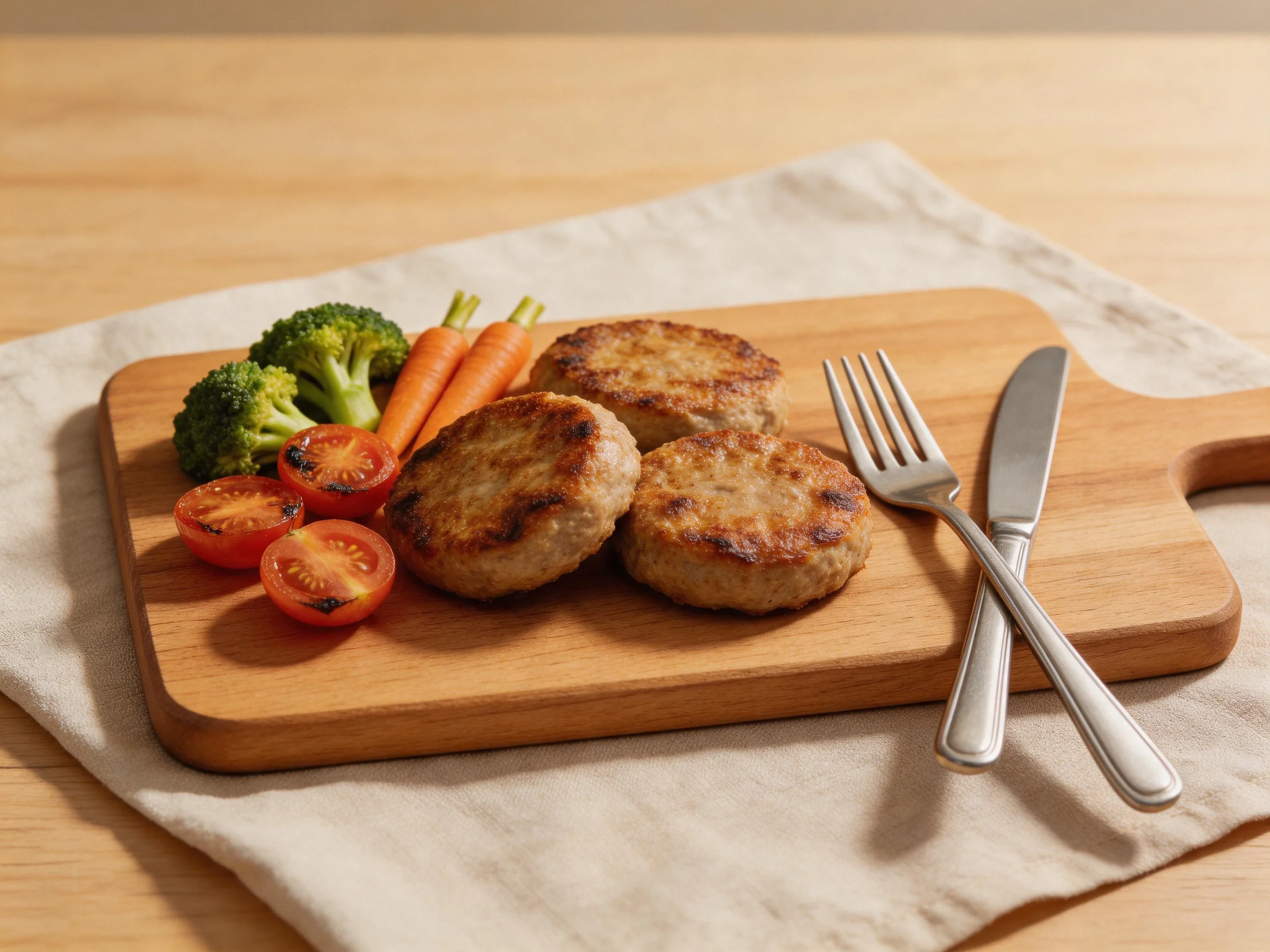 Three golden-brown patties with fresh vegetables on a wooden cutting board
