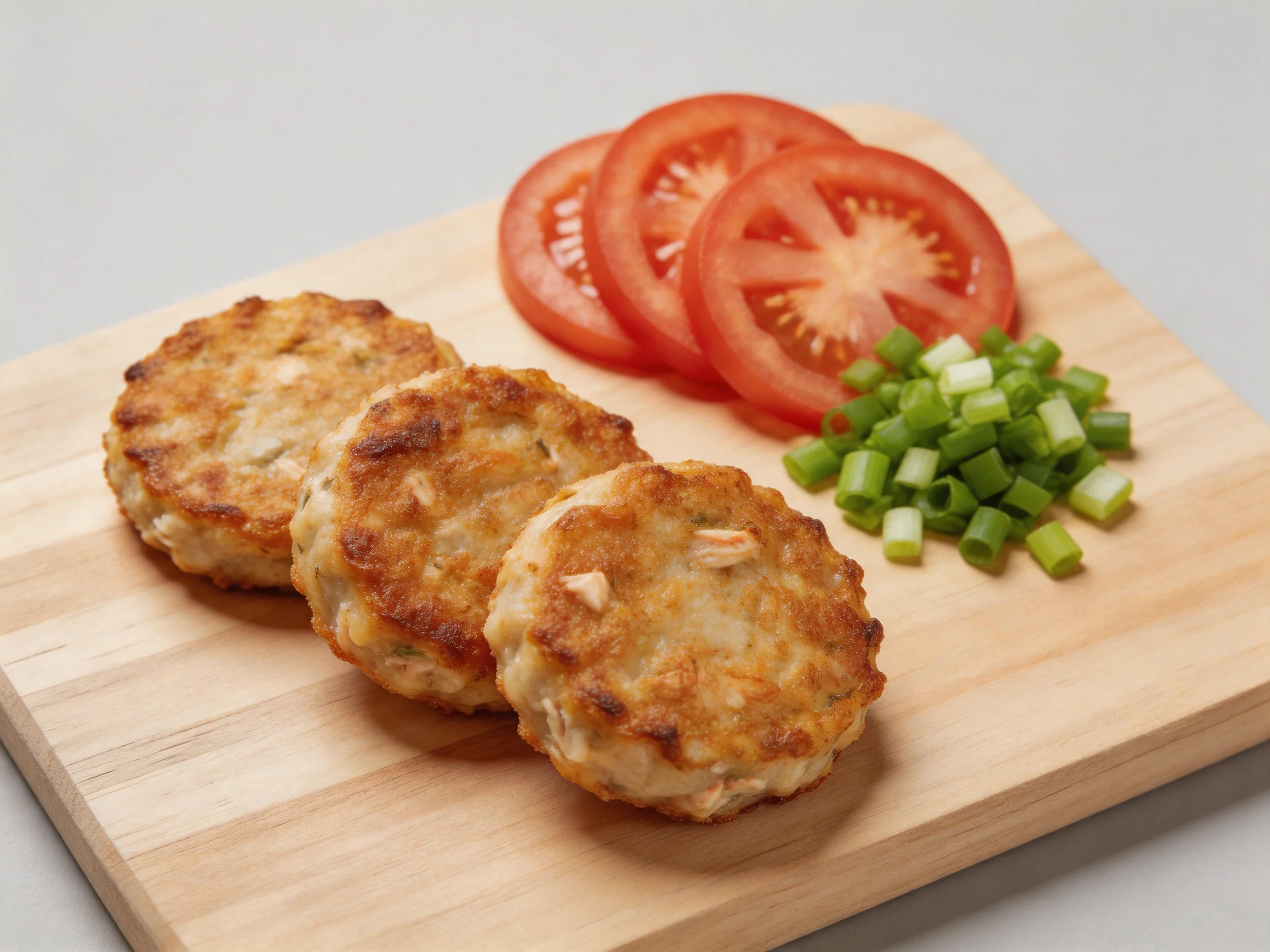 Three golden-brown patties with sliced tomatoes and green onions on a wooden cutting board