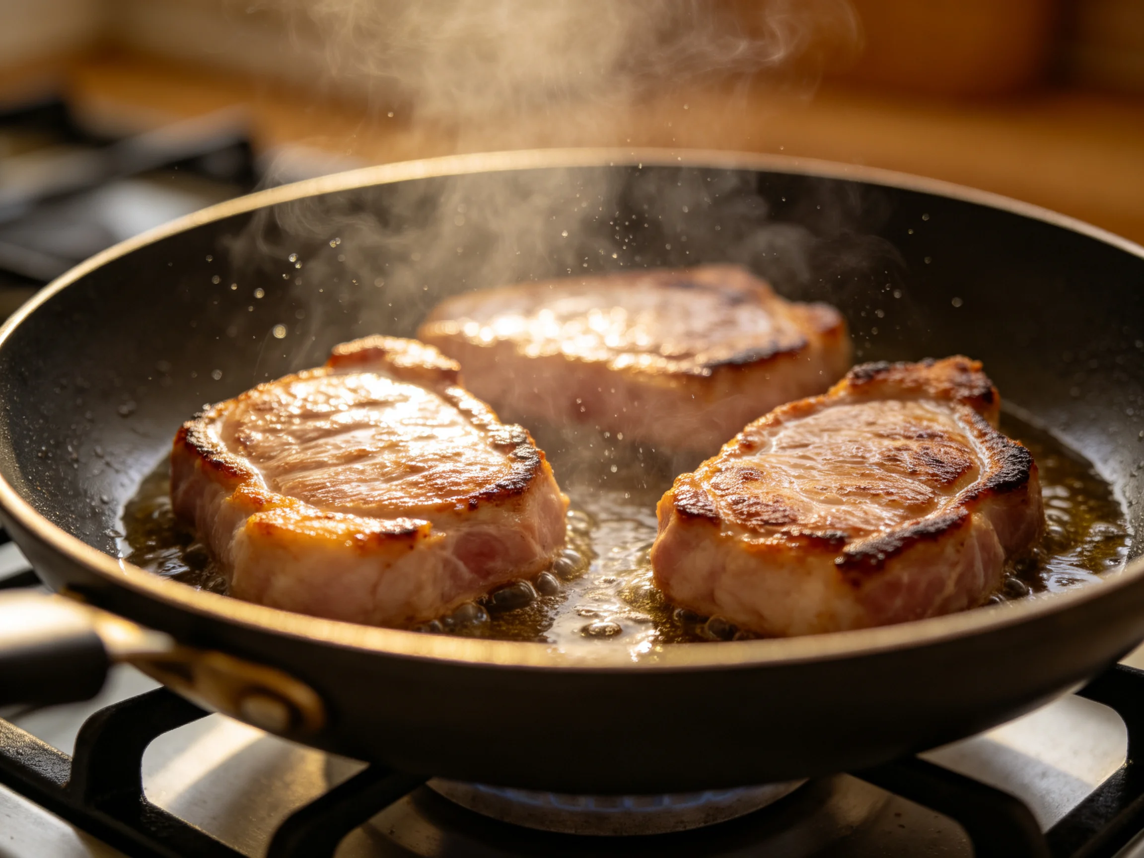 Three golden-brown pork chops cooking in a black skillet
