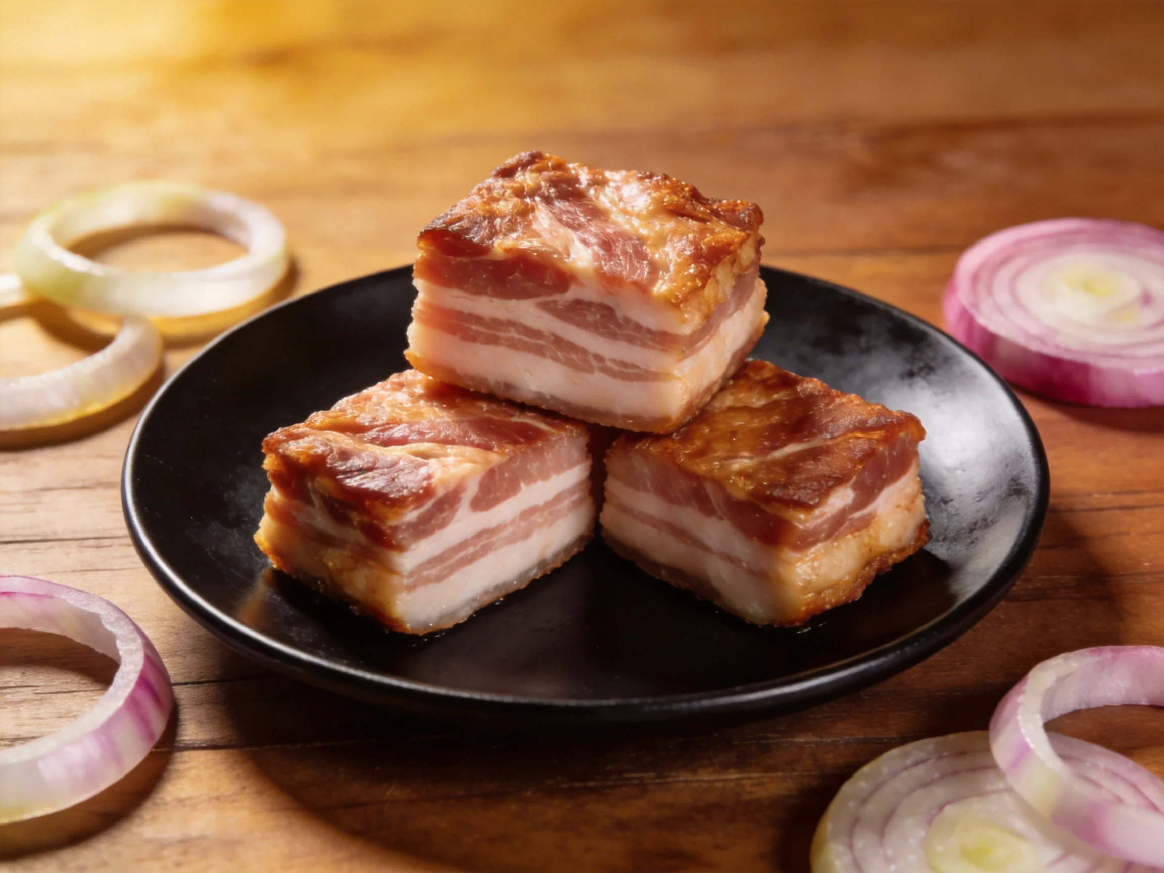 Three golden-brown pork cubes on a black dish with purple onion slices