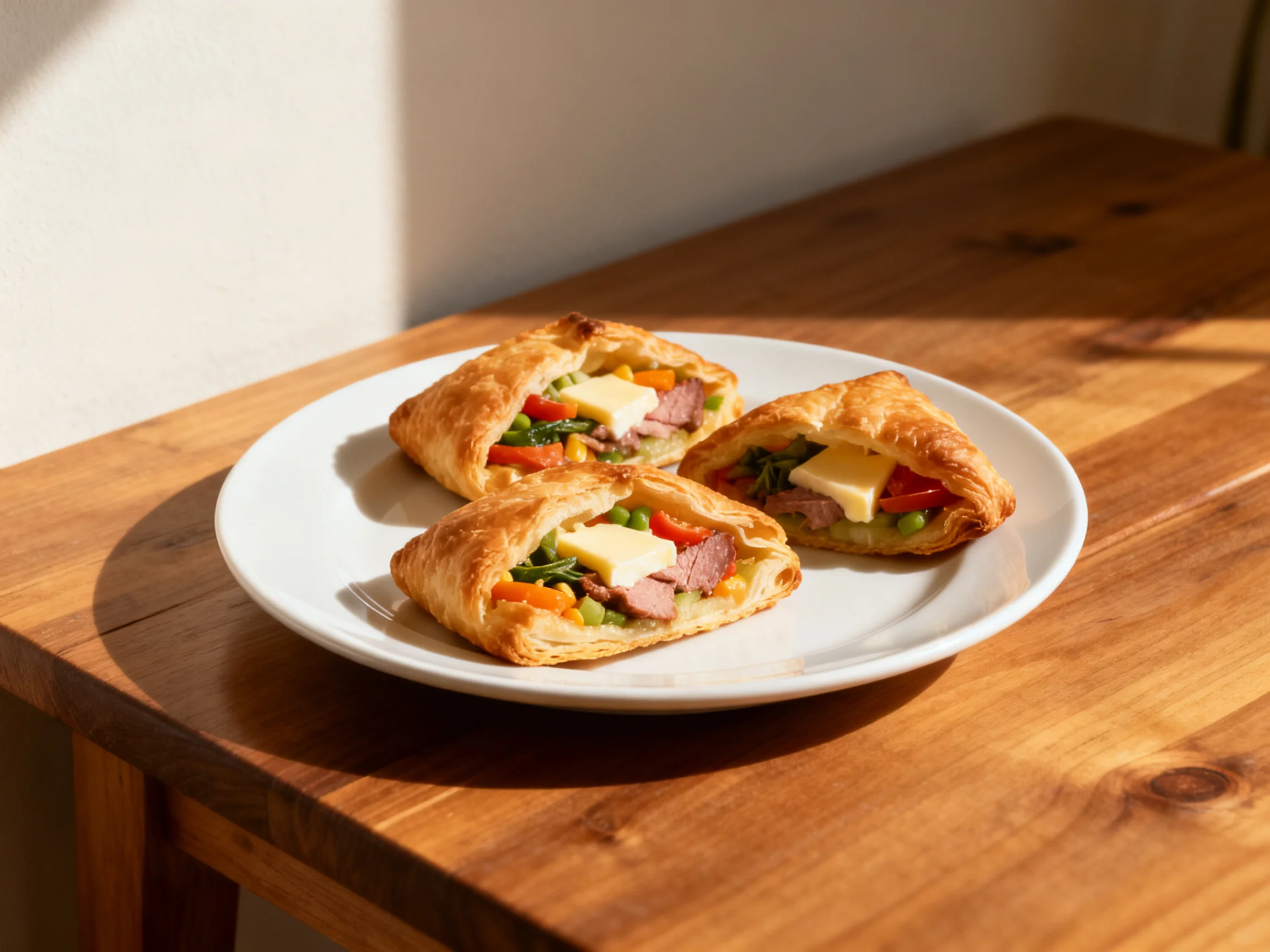 Three golden-brown puff pastry turnovers stuffed with mixed vegetables and cheese