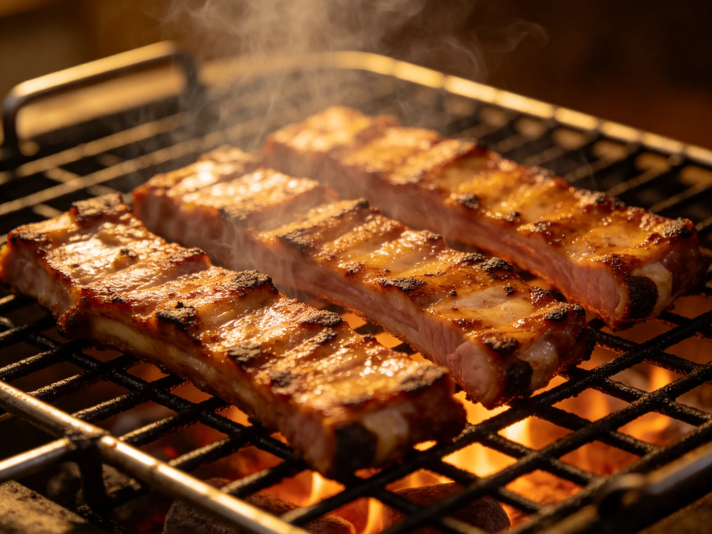 Three golden-brown ribs grilling over embers