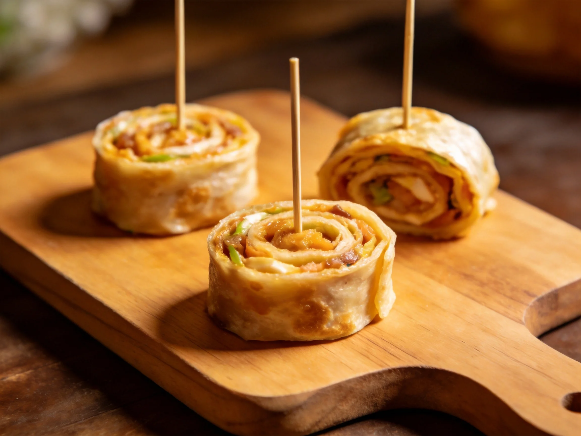 Three golden-brown rolled appetizers with toothpicks on a wooden board