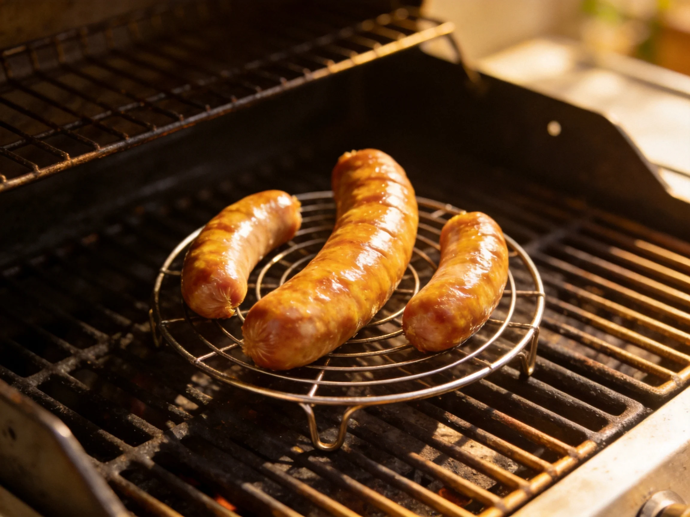Three golden-brown sausages cook on a metal grill rack over an open barbecue.