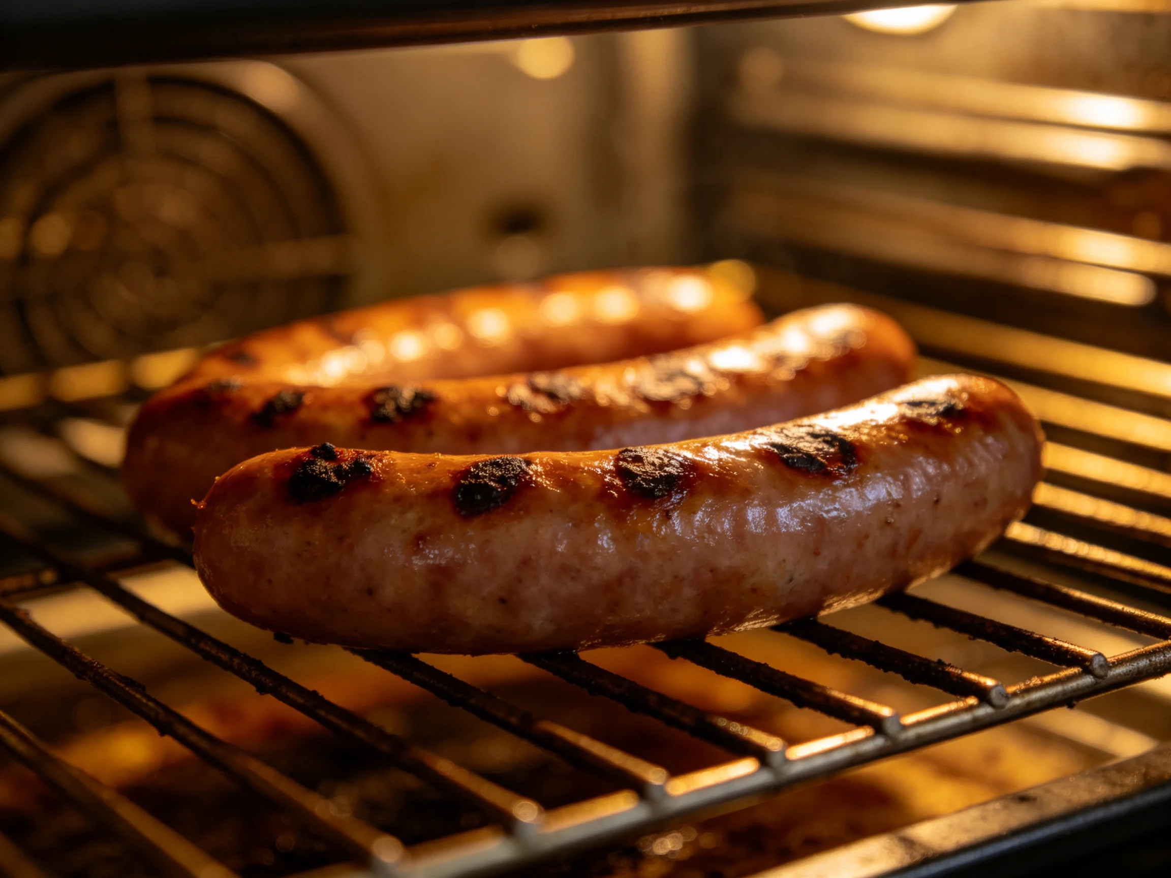 Three golden-brown sausages cooking in a warm-lit oven