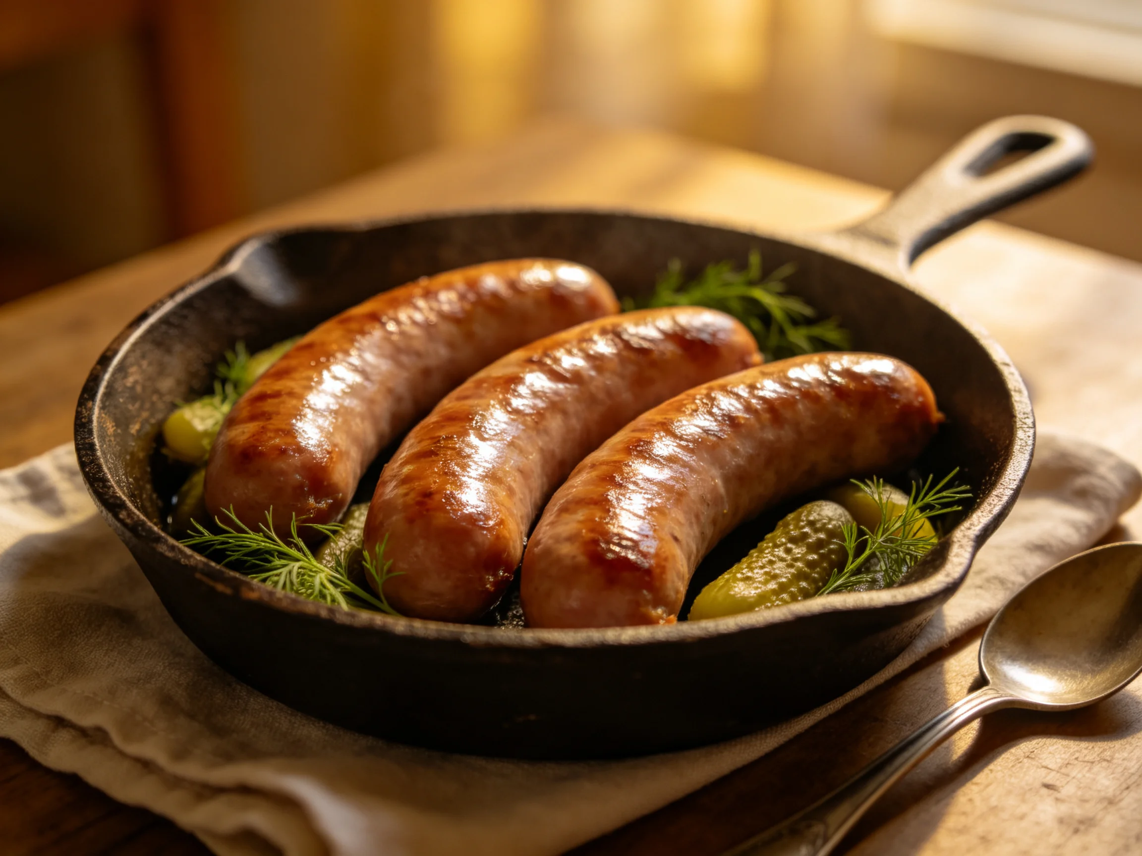 Three golden-brown sausages in a cast iron skillet with pickles and dill