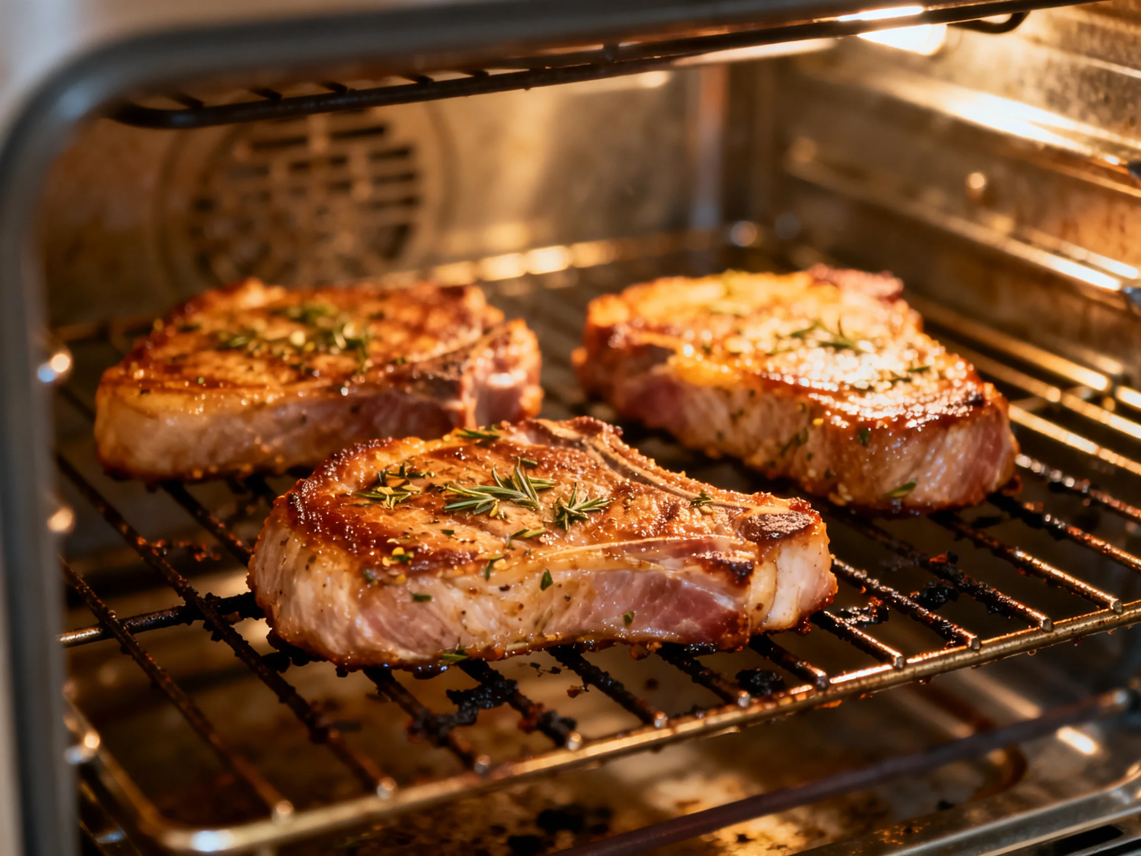 Three golden-brown steaks cooking with rosemary in an oven