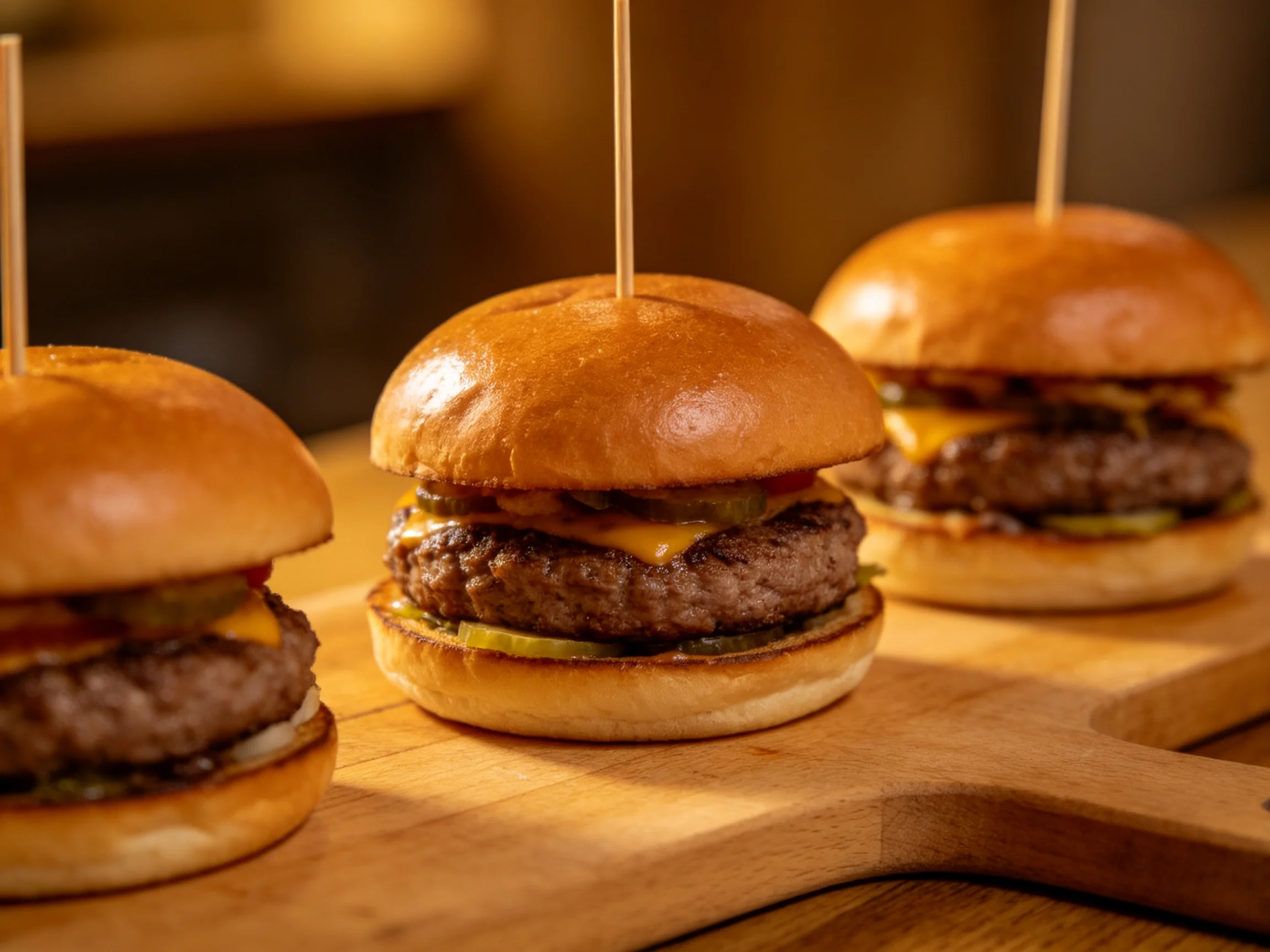 Three golden-bun sliders with beef patties on a wooden serving board