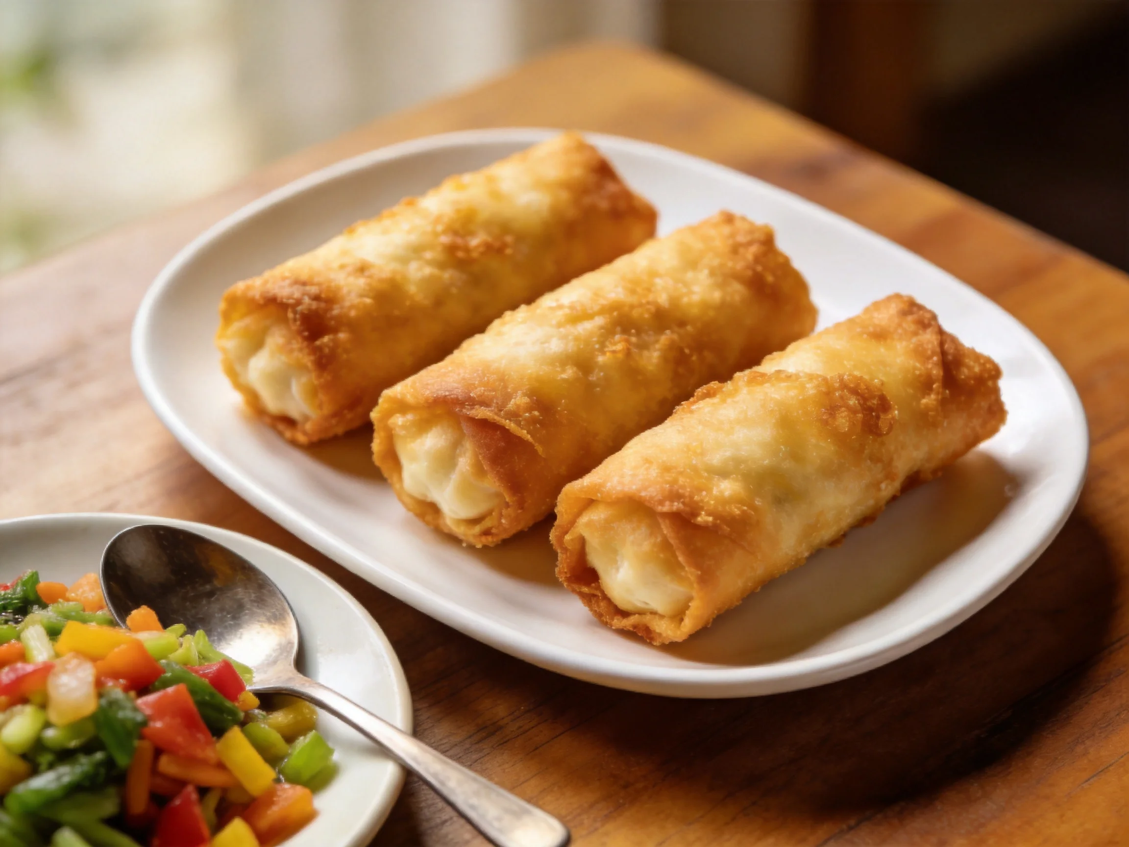 Three golden fried spring rolls served with a colorful vegetable medley