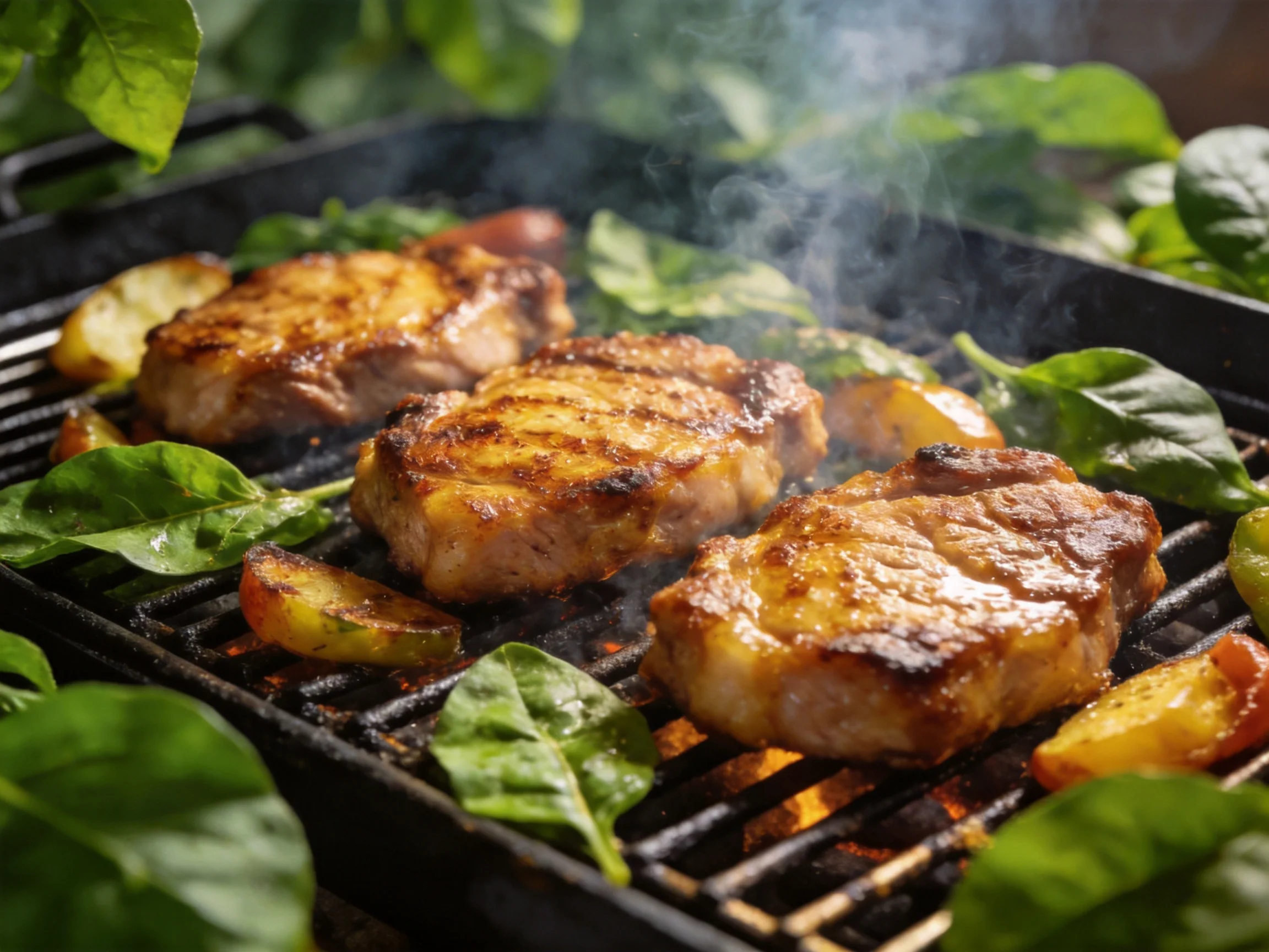 Three golden pork chops grill with roasted veggies amidst green leaves
