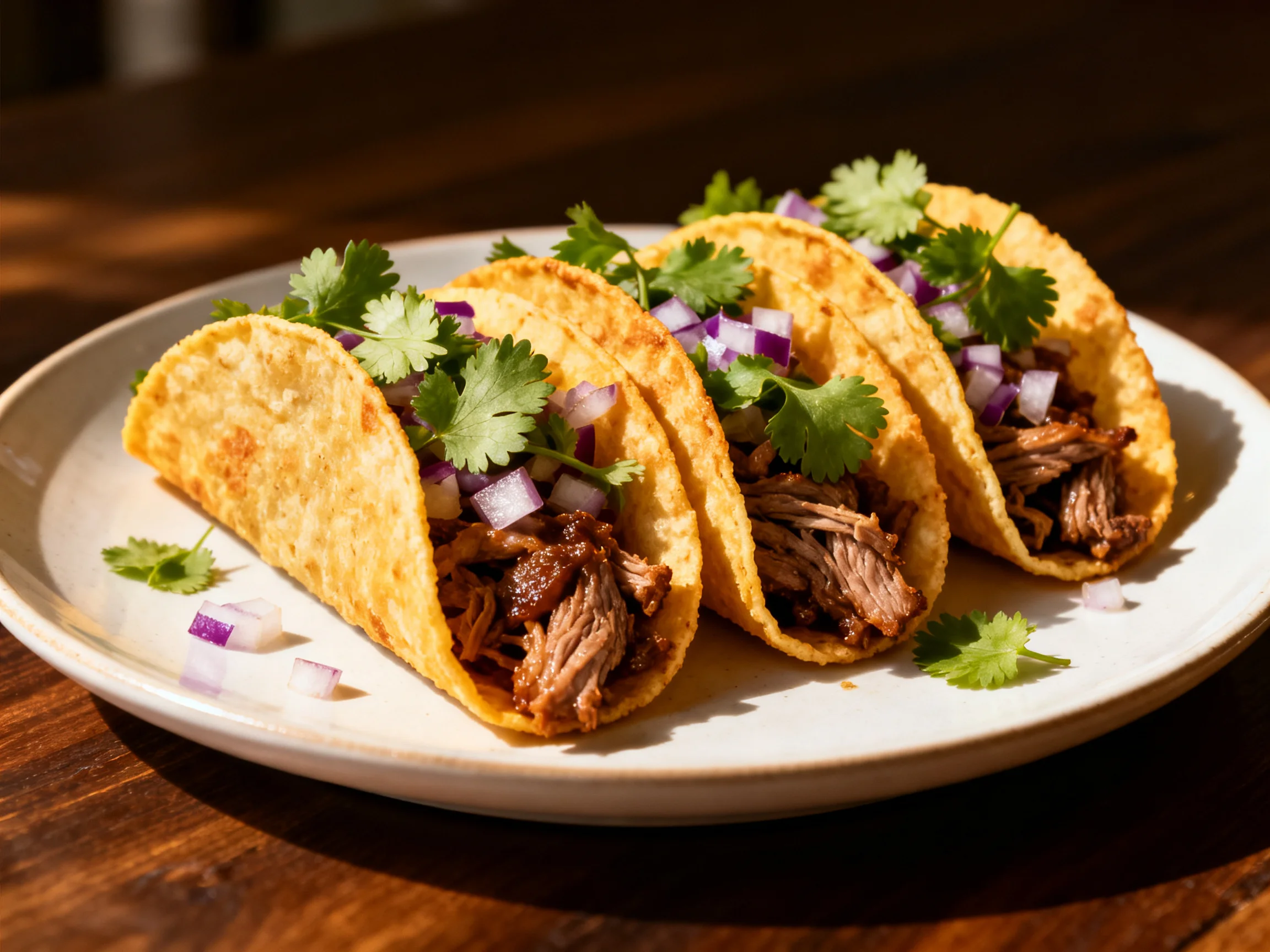 Three golden tacos stuffed with shredded beef, purple onions, and cilantro