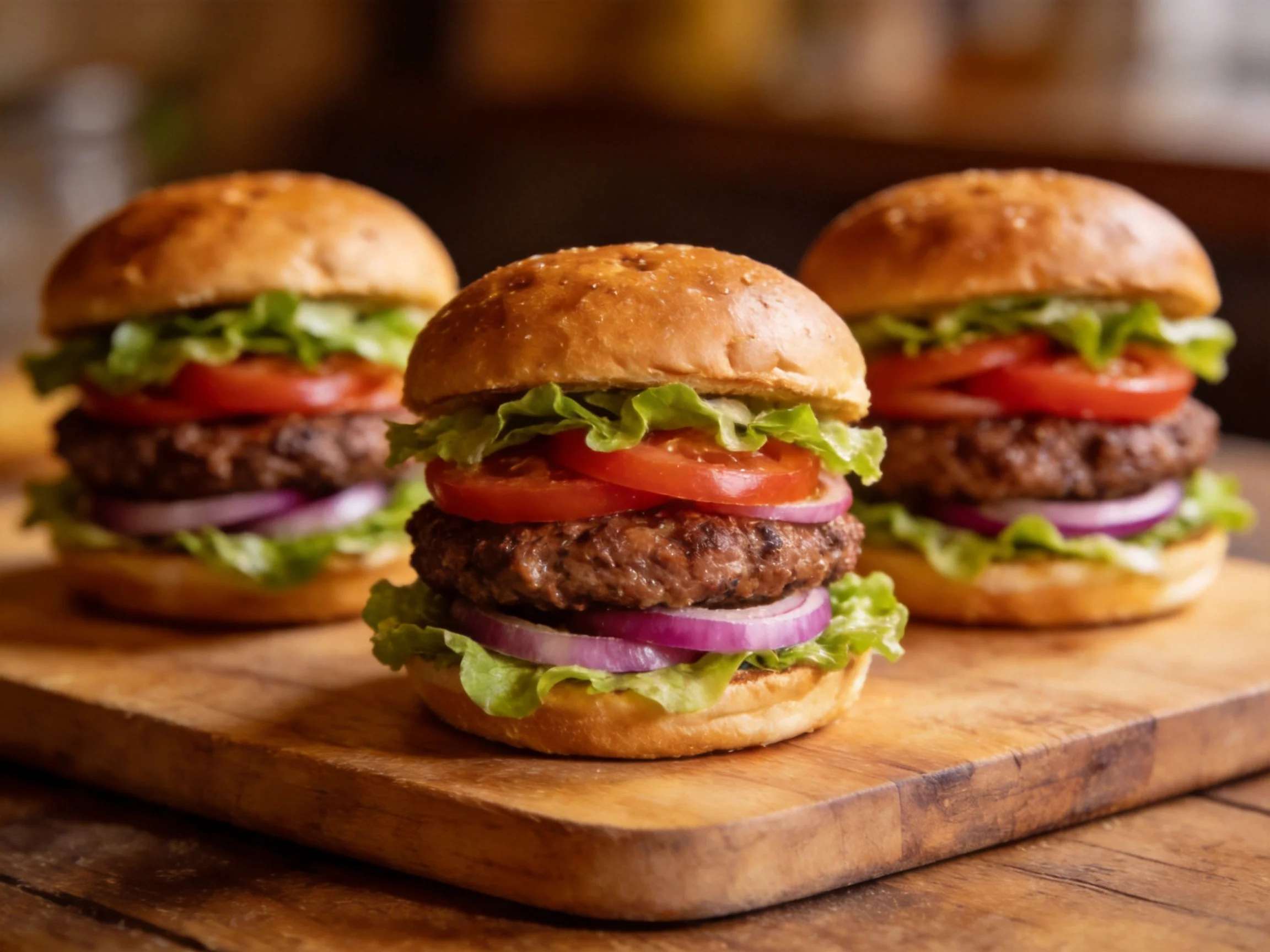 Three gourmet sliders with fresh vegetables and toasted buns