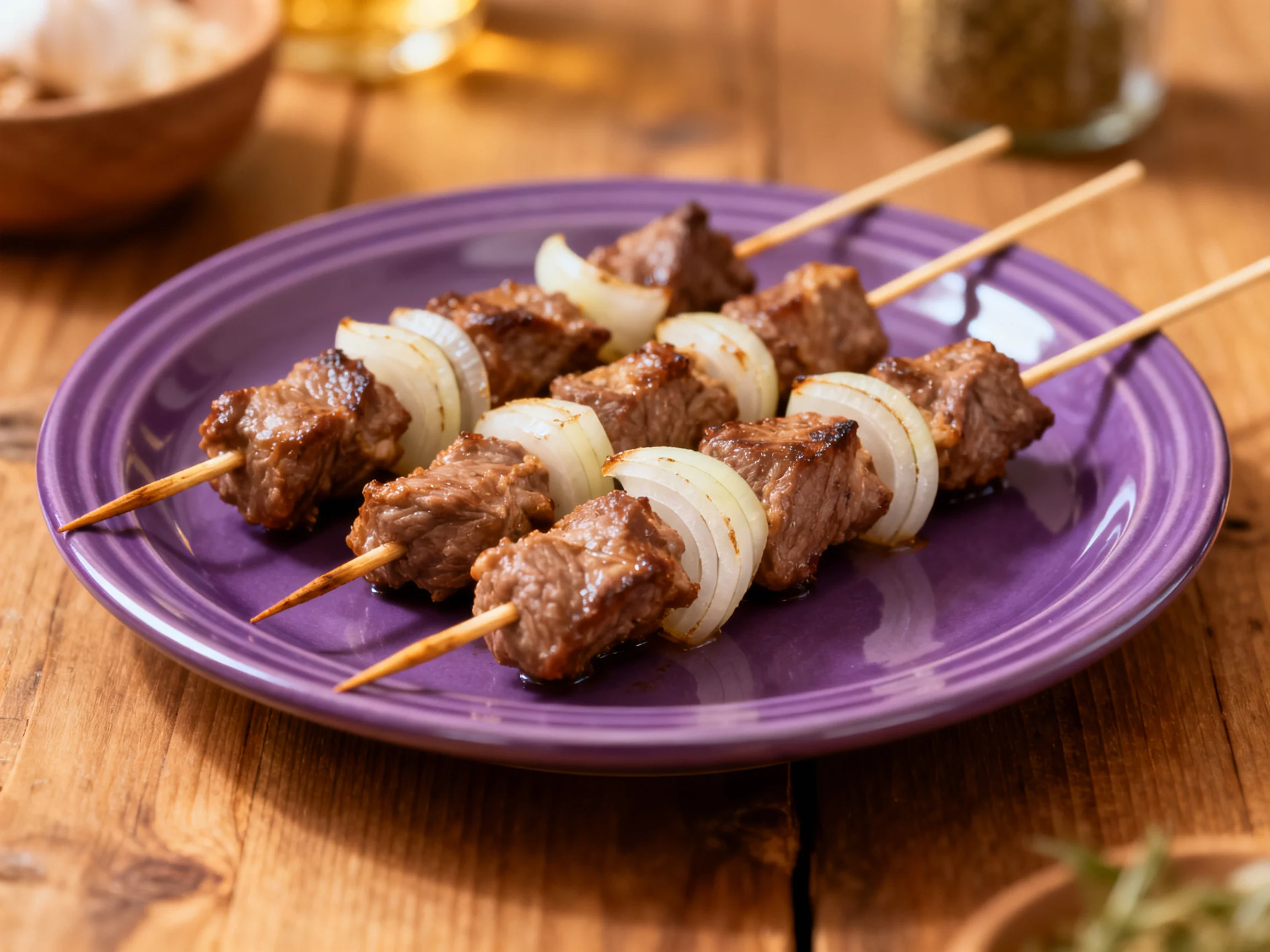 Three grilled beef and onion skewers on a purple ceramic plate